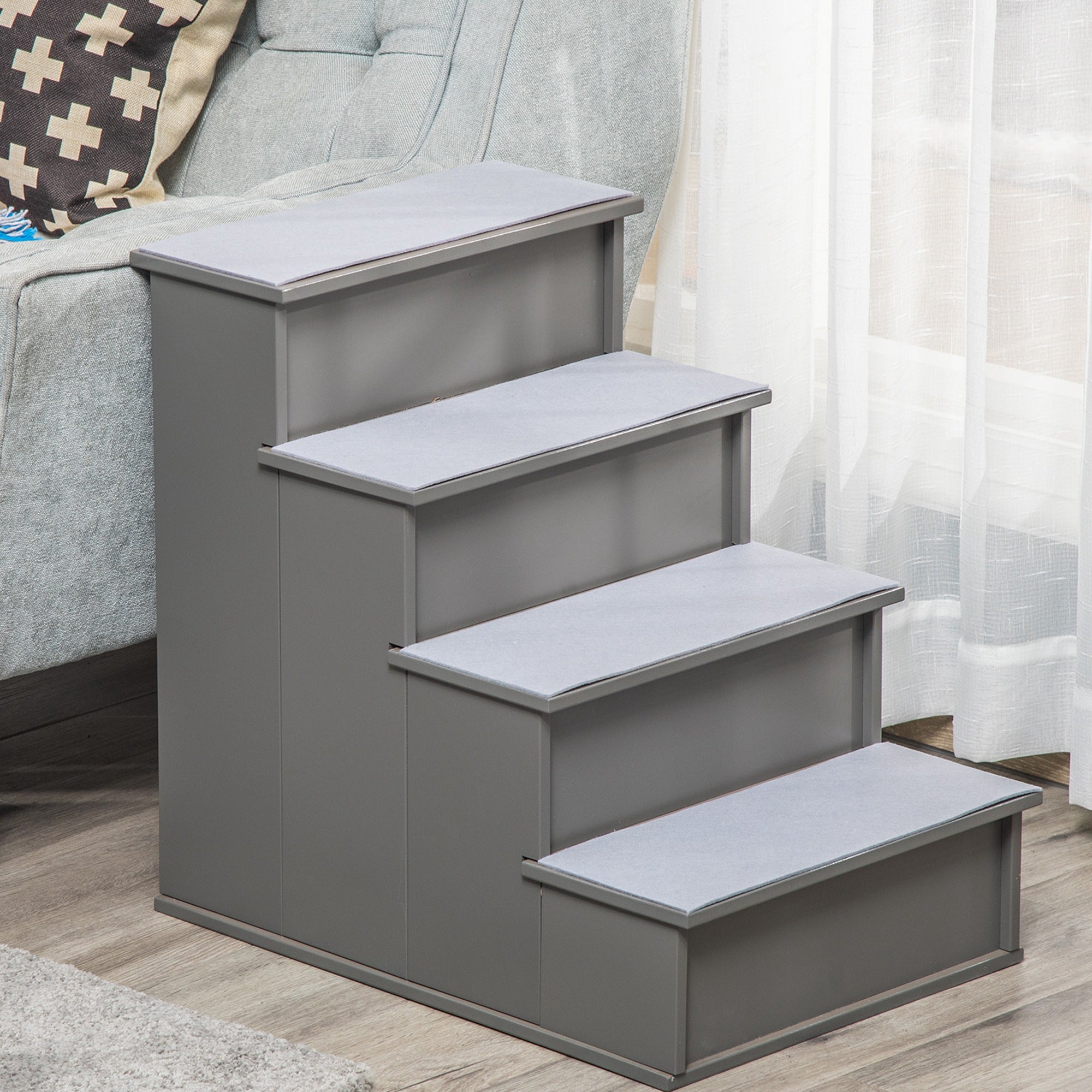 PawHut Pet Stairs, Small Pet Steps with Cushioned Removable Covering for Dogs and Cats Up To 22 Lbs., Grey
