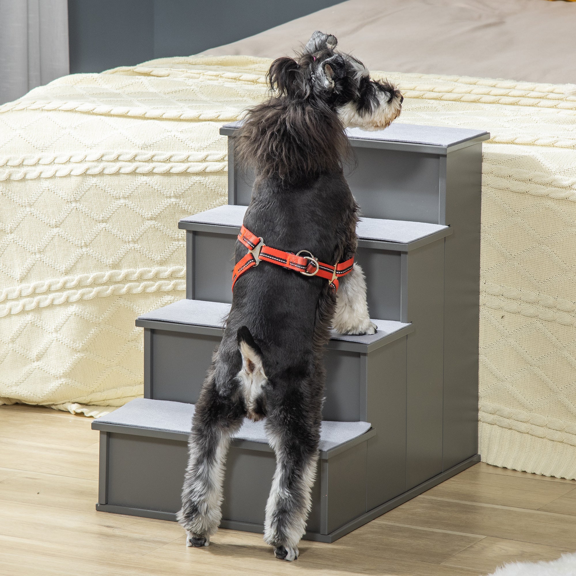 Pet Stairs Dog Steps for High Bed, 4 Levels Dog Stairs for Car, Wooden Cat Ladder with Non-Slip Carpet, 15.7" L x 23.2" W x 21.3" H, Grey
