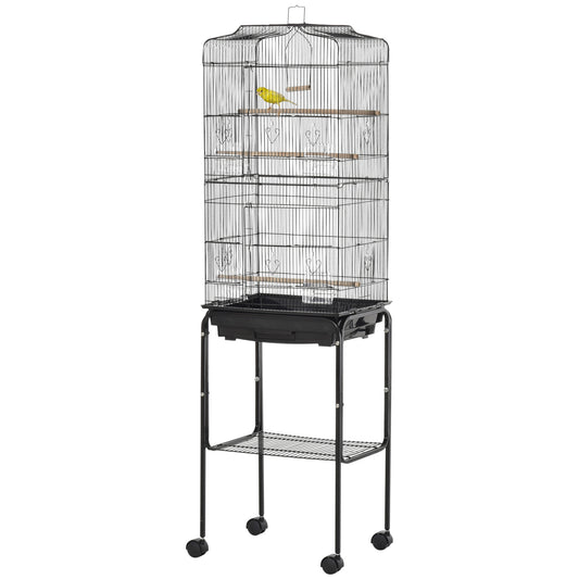 Bird Cage Budgie Cages for Finch Canary Parakeet with Stand Wheels Slide-out Tray Accessories Storage Shelf, Black 46.5 x 36 x 157 cm