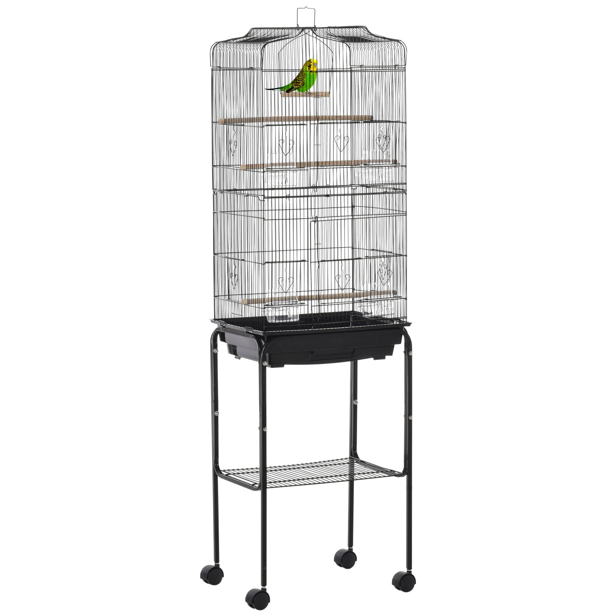Bird Cage Budgie Cages for Finch Canary Parakeet with Stand Wheels Slide-out Tray Accessories Storage Shelf, Black 46.5 x 36 x 157 cm