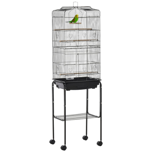 Bird Cage Budgie Cages for Finch Canary Parakeet with Stand Wheels Slide-out Tray Accessories Storage Shelf, Black 46.5 x 36 x 157 cm