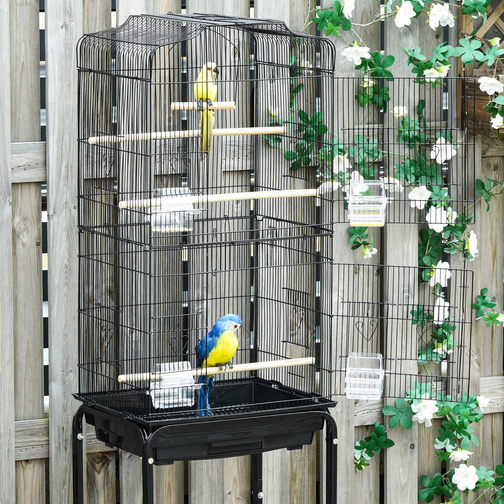 Bird Cage Budgie Cages for Finch Canary Parakeet with Stand Wheels Slide-out Tray Accessories Storage Shelf, Black 46.5 x 36 x 157 cm