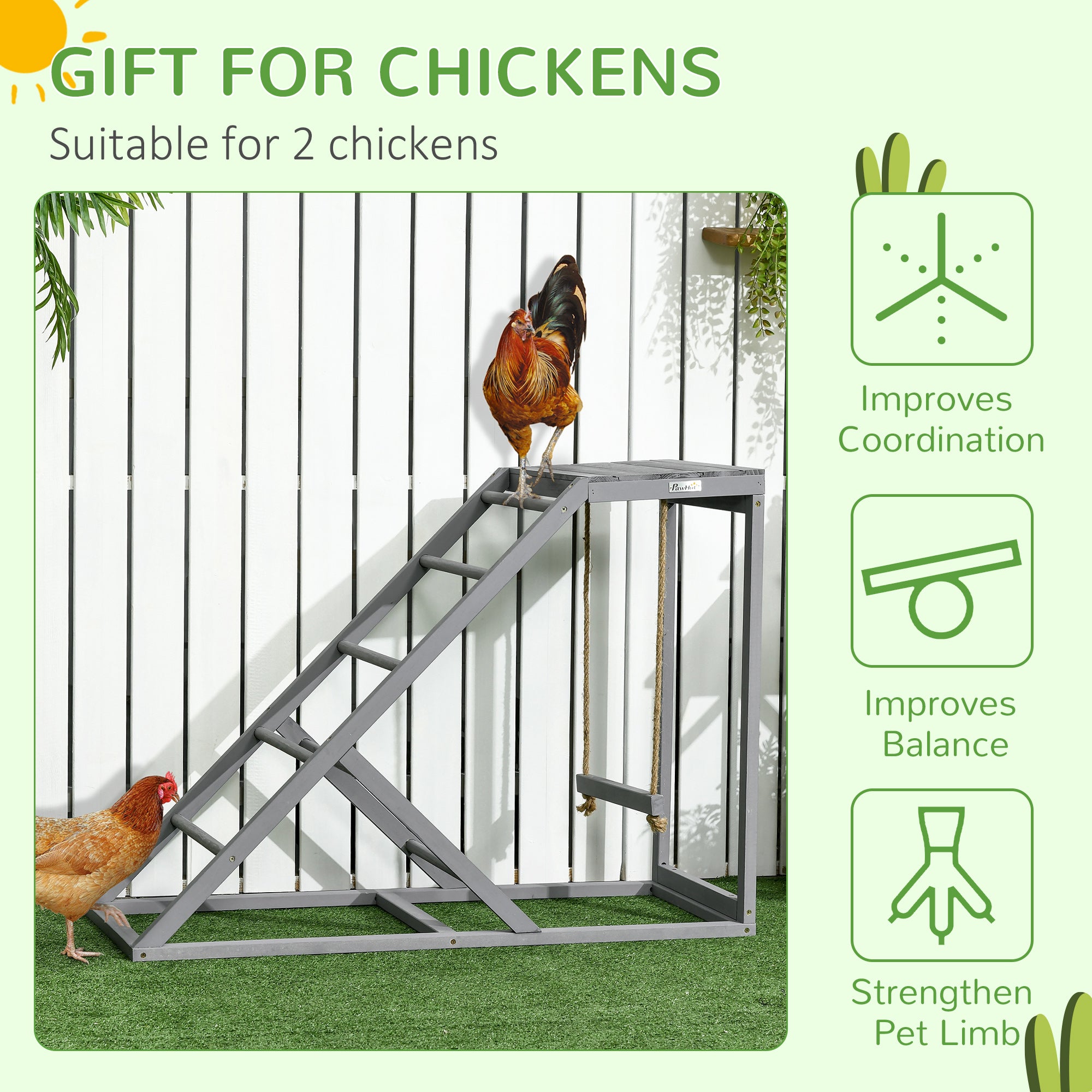 PawHut Chicken Activity Play for Healthy & Happy Animals, Swing Set with Chicken Perches & Hen Ladder, Chicken Coop Toy, Gray