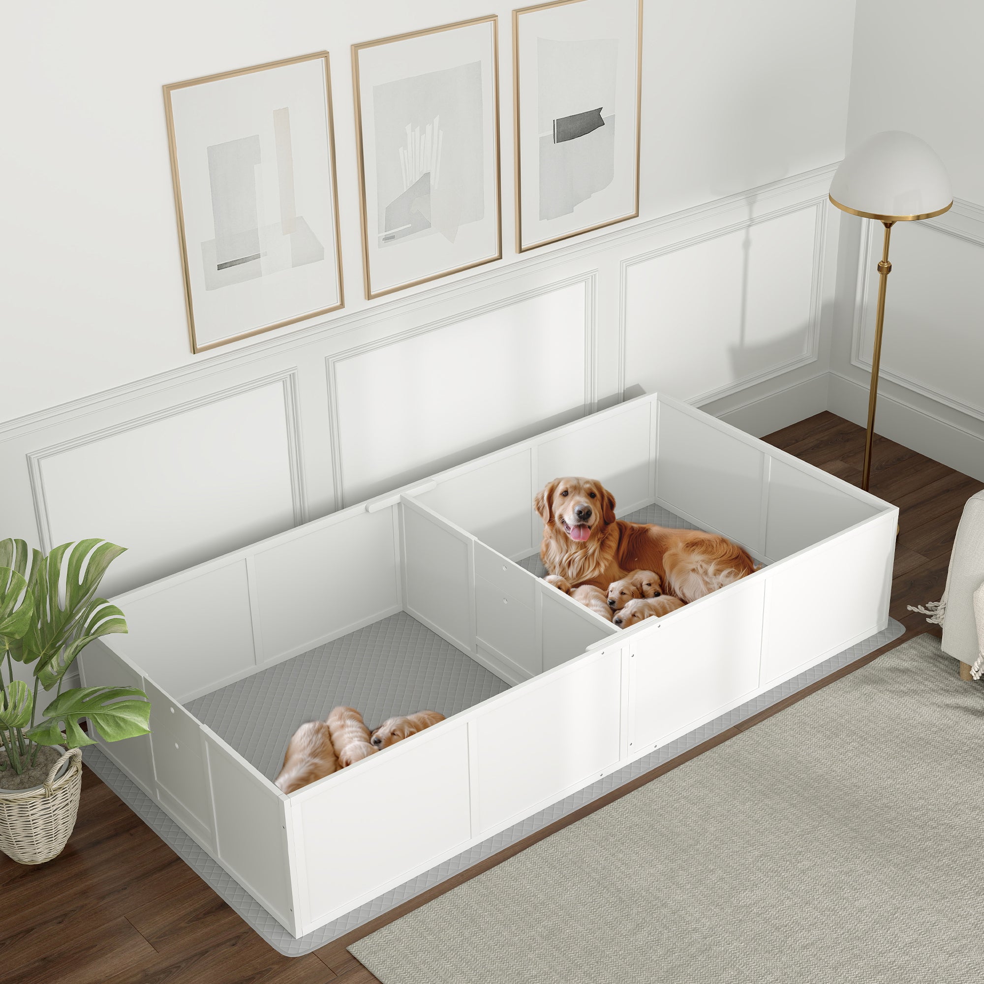 PawHut Whelping Box for Dogs and Puppies, Dog Whelping Box with Washable Waterproof Pee Pad & Adjustable Door for Large, Medium and Small Dogs, White, 96" x 47" x 19"