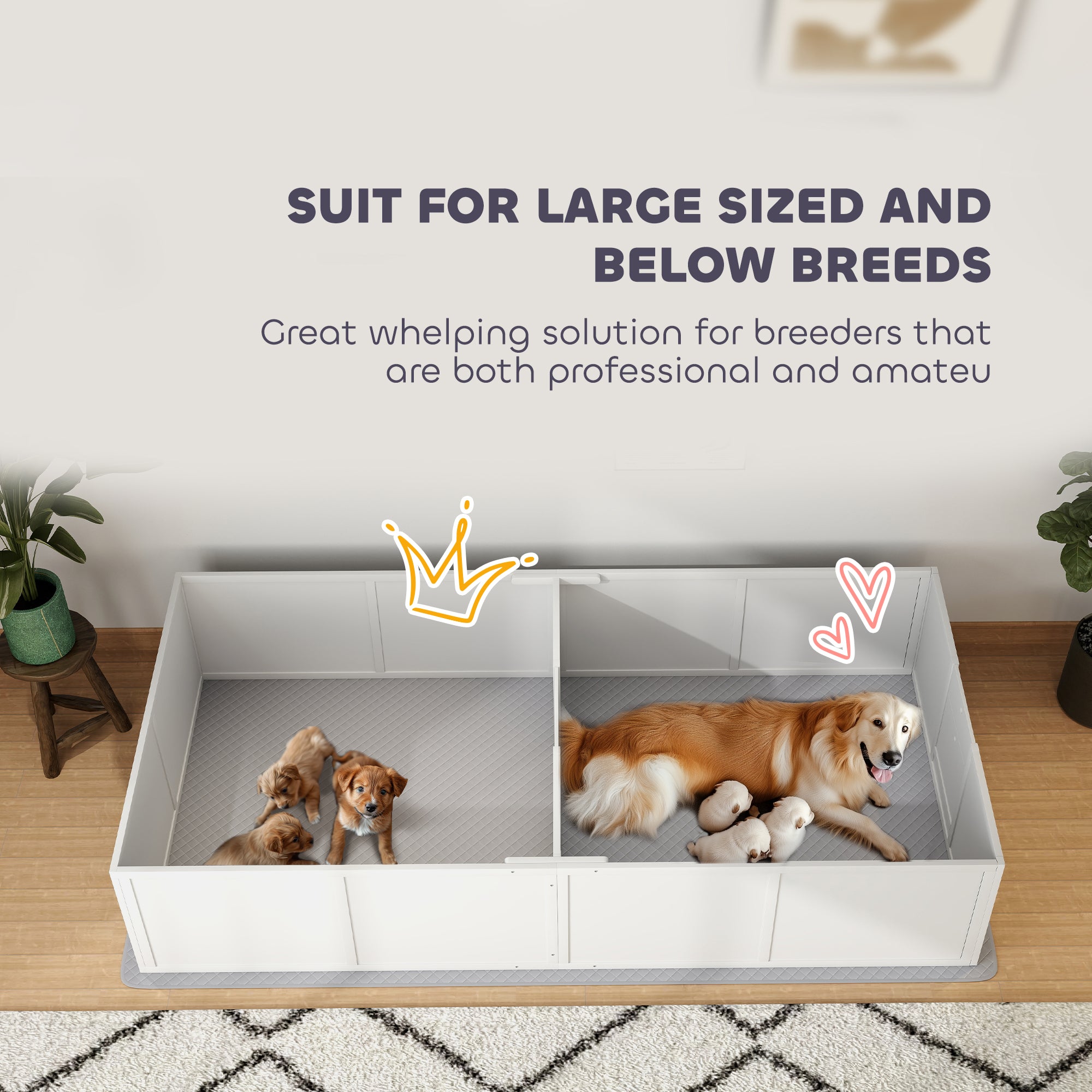 PawHut Whelping Box for Dogs and Puppies, Dog Whelping Box with Washable Waterproof Pee Pad & Adjustable Door for Large, Medium and Small Dogs, White, 96" x 47" x 19"