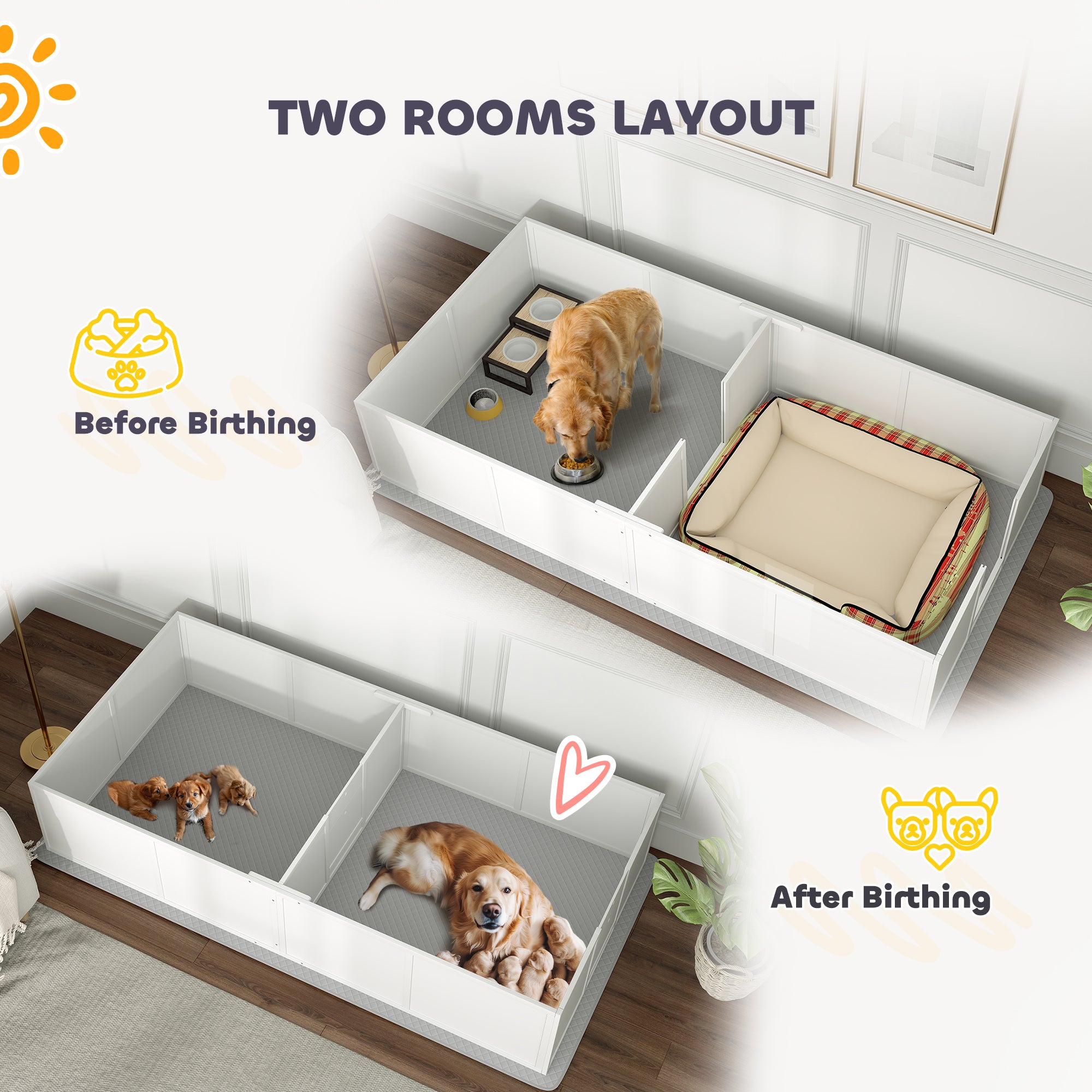 PawHut Whelping Box for Dogs and Puppies, Dog Whelping Box with Washable Waterproof Pee Pad & Adjustable Door for Large, Medium and Small Dogs, White, 96" x 47" x 19"