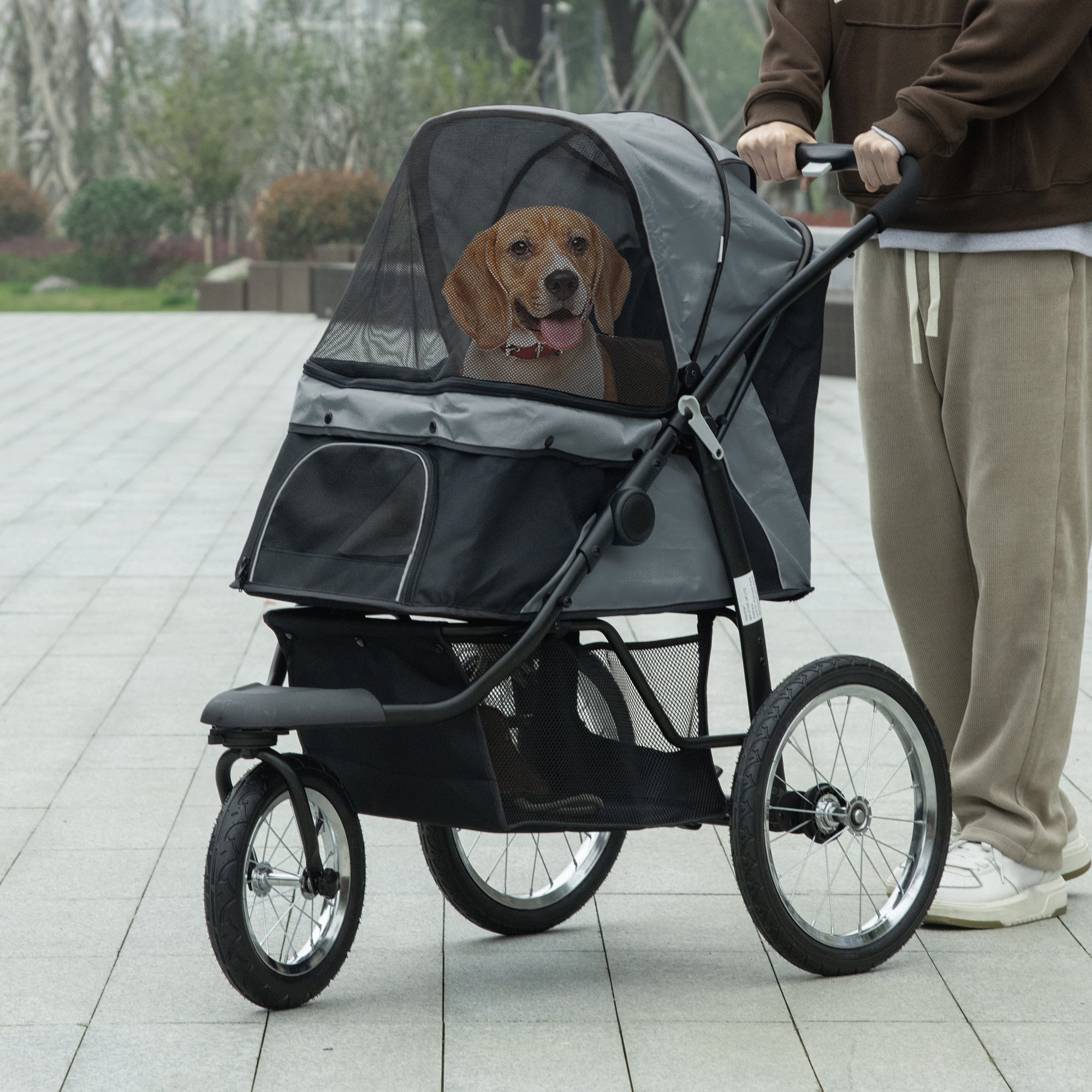 Pet Stroller for Small and Medium Dogs, 3 Big Wheels Cat Stroller Travel Folding Carrier with Adjustable Canopy, Safety Tether, Storage Basket, Black