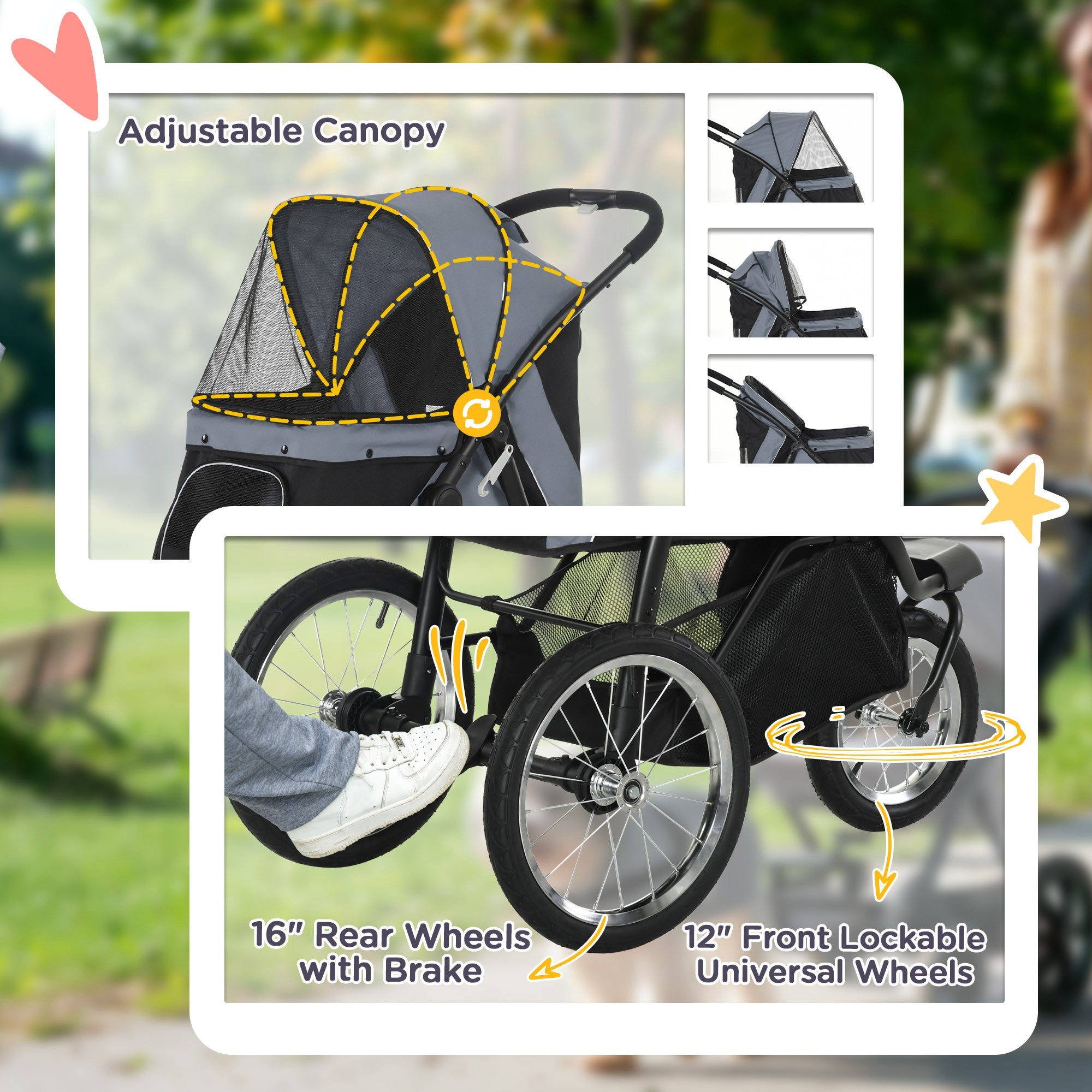 PawHut Pet Stroller for Small and Medium Dogs, 3 Big Wheels Foldable Cat Stroller Jogger with Adjustable Canopy, Safety Tether, Cushion, Storage Basket, Gray