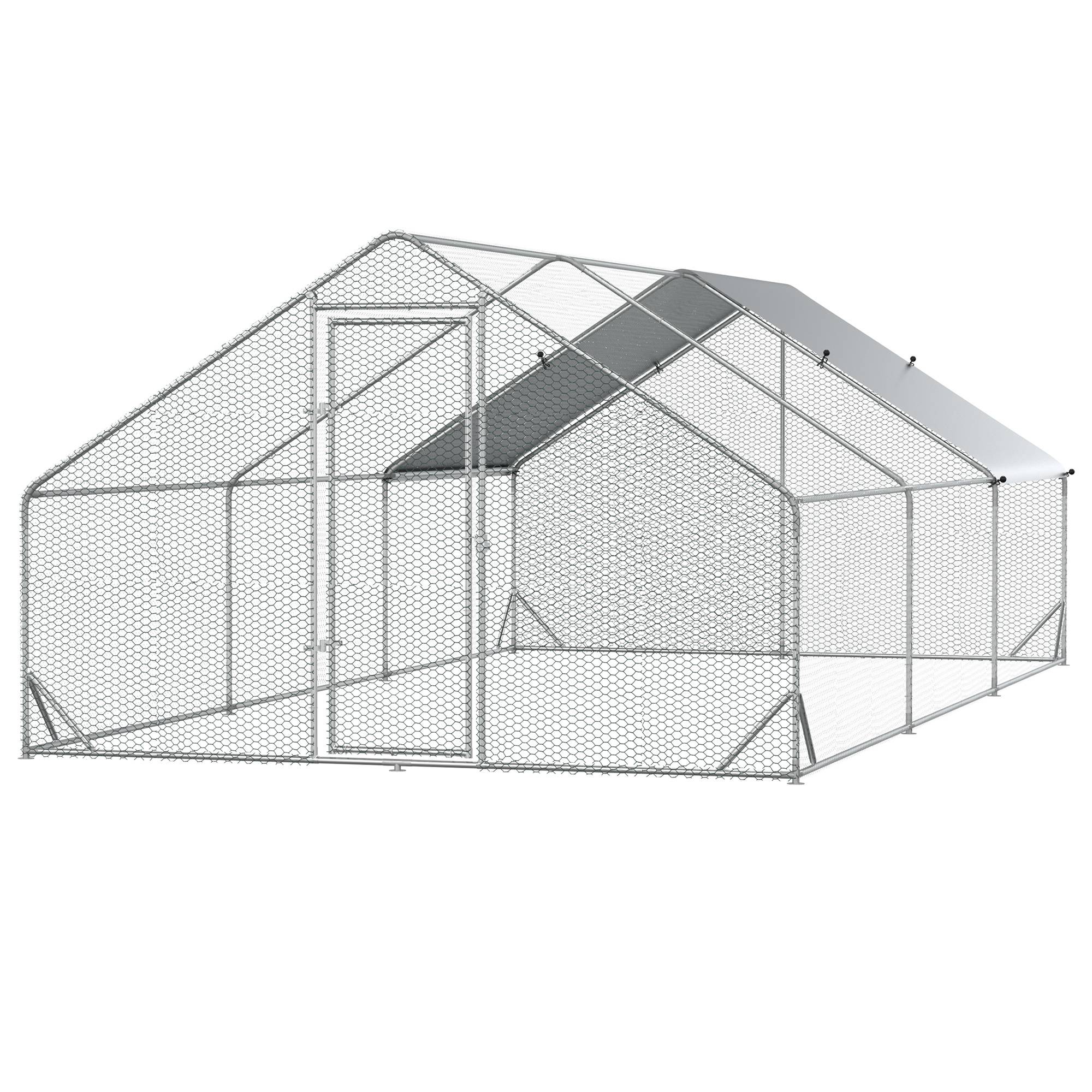 PawHut Large Chicken Coop Metal Chicken Run with Waterproof and Anti-UV Cover, Spire Shaped Walk in Fence Cage Hen House for Outdoor and Yard Farm Use, 1" Tube Diameter, 9.8' x 19.7' x 6.6'