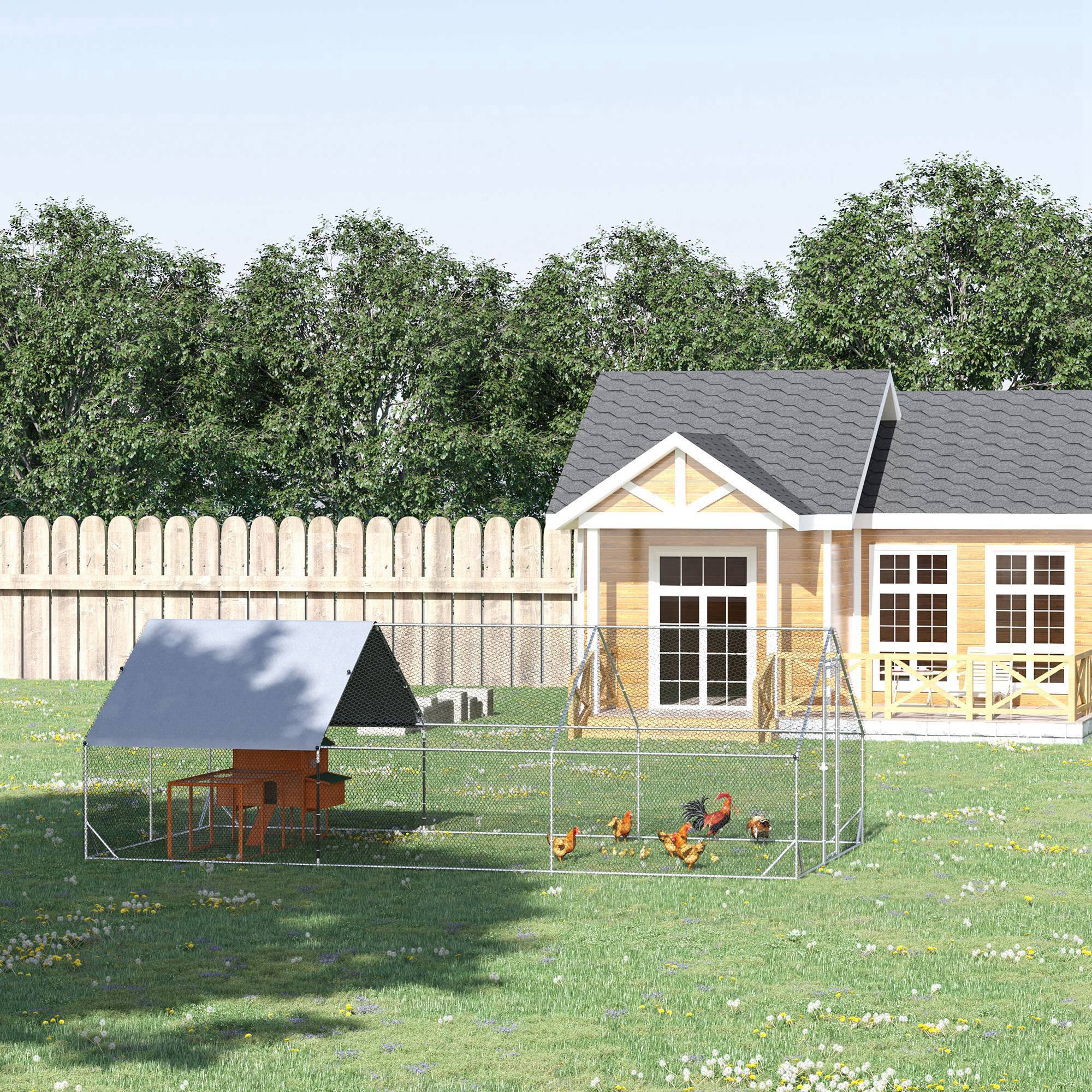 PawHut Large Chicken Coop Metal Chicken Run with Waterproof and Anti-UV Cover, Spire Shaped Walk in Fence Cage Hen House for Outdoor and Yard Farm Use, 1" Tube Diameter, 9.8' x 19.7' x 6.6'