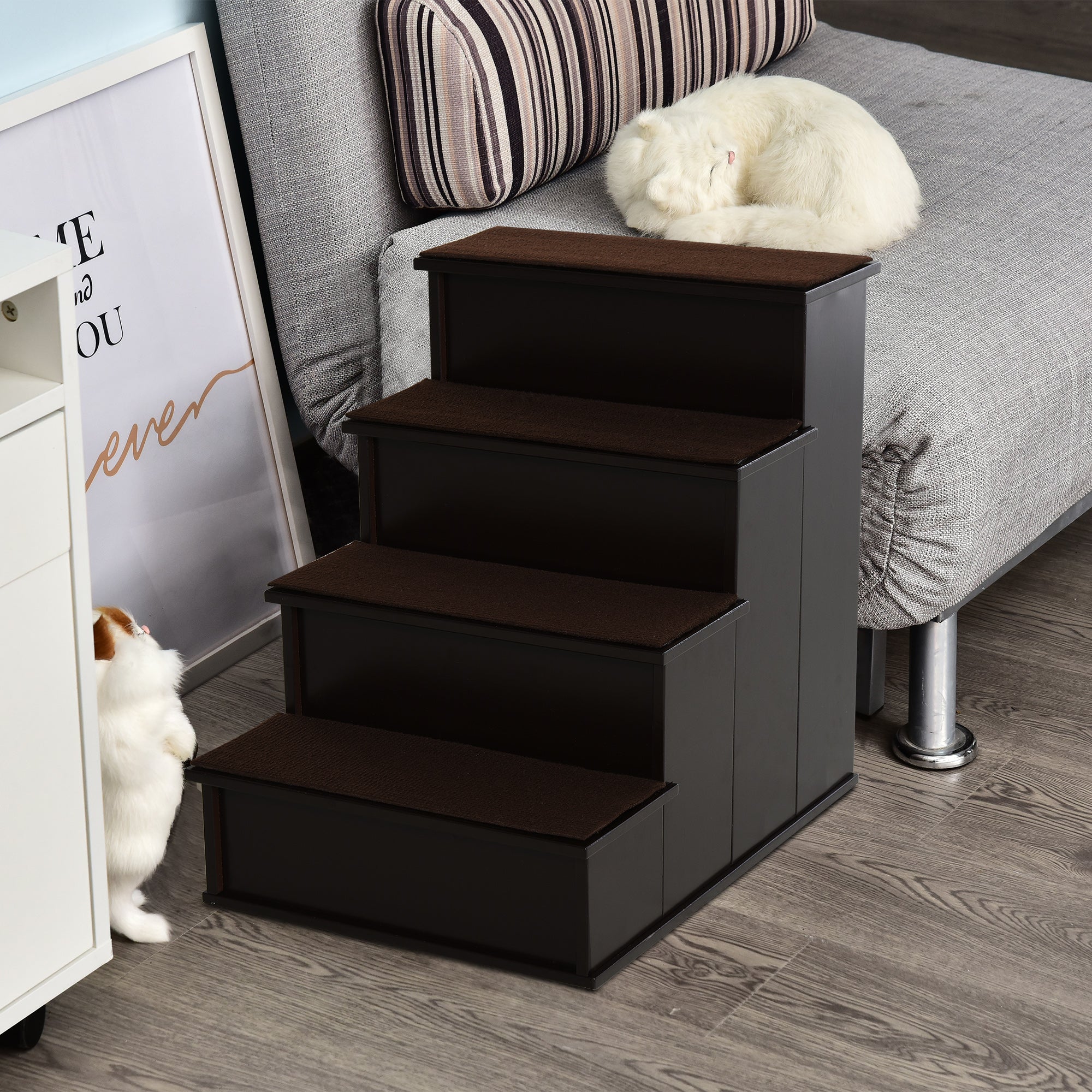 PawHut Pet Stairs, Small Pet Steps with Cushioned Removable Covering for Dogs and Cats Up To 22 lbs. , Brown