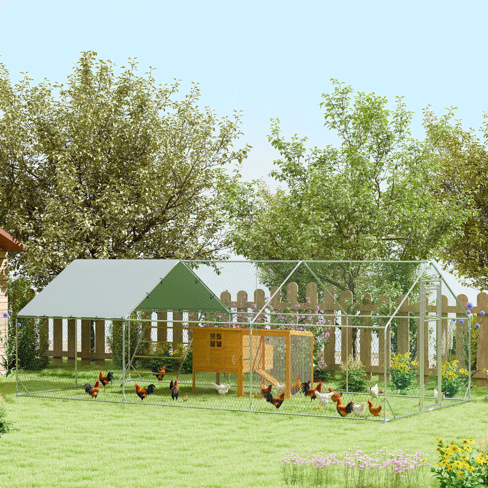 PawHut Chicken Run, Large Metal Chicken Coop w/ Waterproof & Anti-UV Cover, Feeding Door, Hanging Feeder, Perch, Walk-in Poultry Cage for Outdoor, Yard, Farm, for 18-24 Chickens, 9.8' x 19.7' x 6.4'