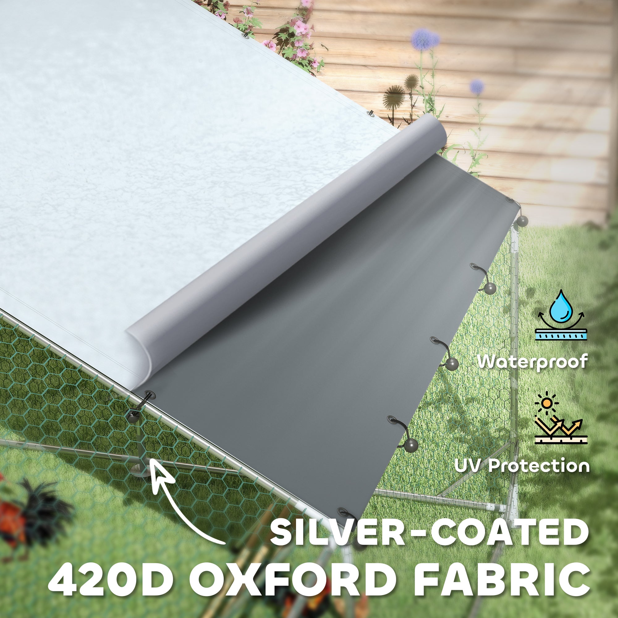 PawHut Chicken Run, Large Metal Chicken Coop w/ Waterproof & Anti-UV Cover, Feeding Door, Hanging Feeder, Perch, Walk-in Poultry Cage for Outdoor, Yard, Farm, for 18-24 Chickens, 9.8' x 19.7' x 6.4'