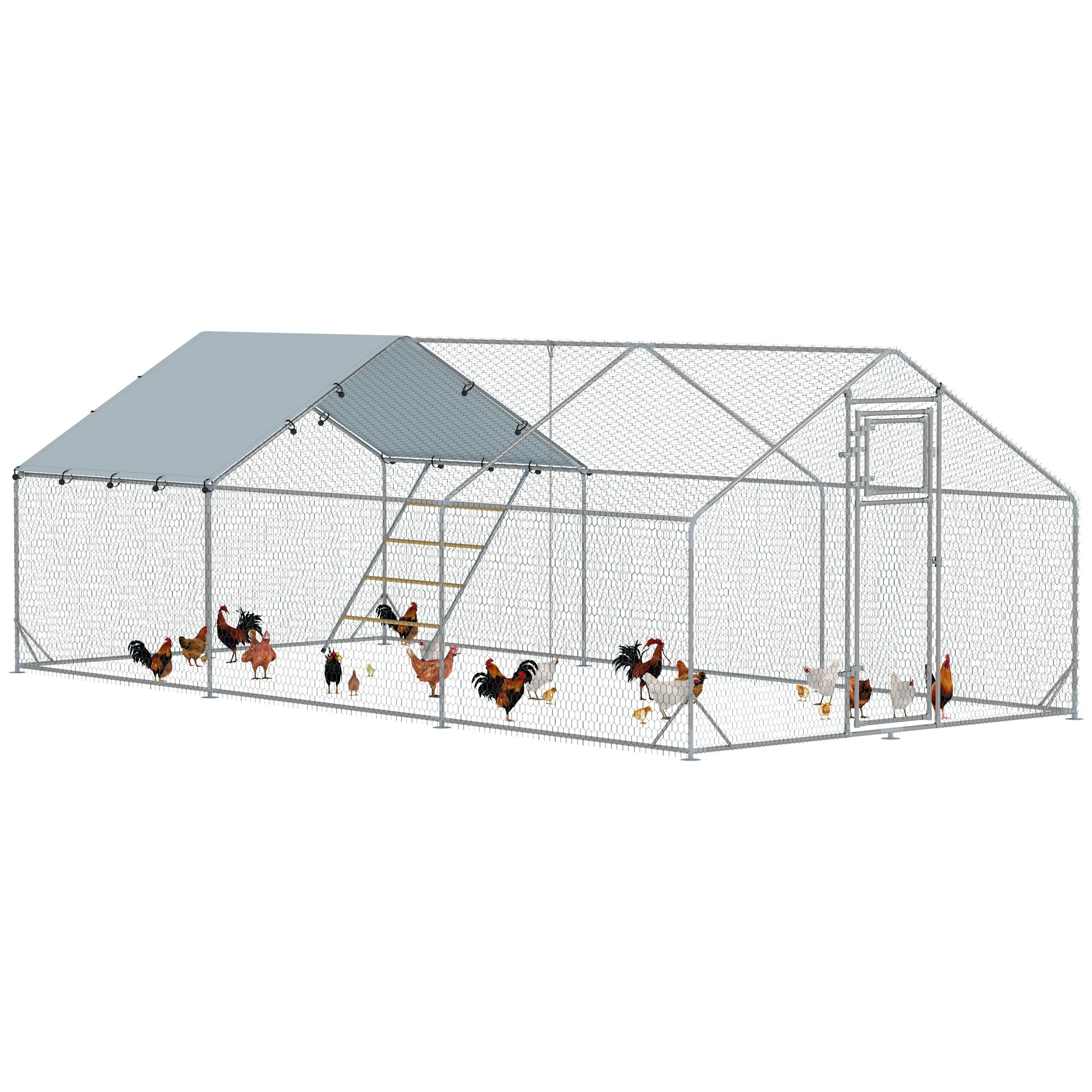 PawHut Chicken Run, Large Metal Chicken Coop w/ Waterproof & Anti-UV Cover, Feeding Door, Hanging Feeder, Perch, Walk-in Poultry Cage for Outdoor, Yard, Farm, for 18-24 Chickens, 9.8' x 19.7' x 6.4'