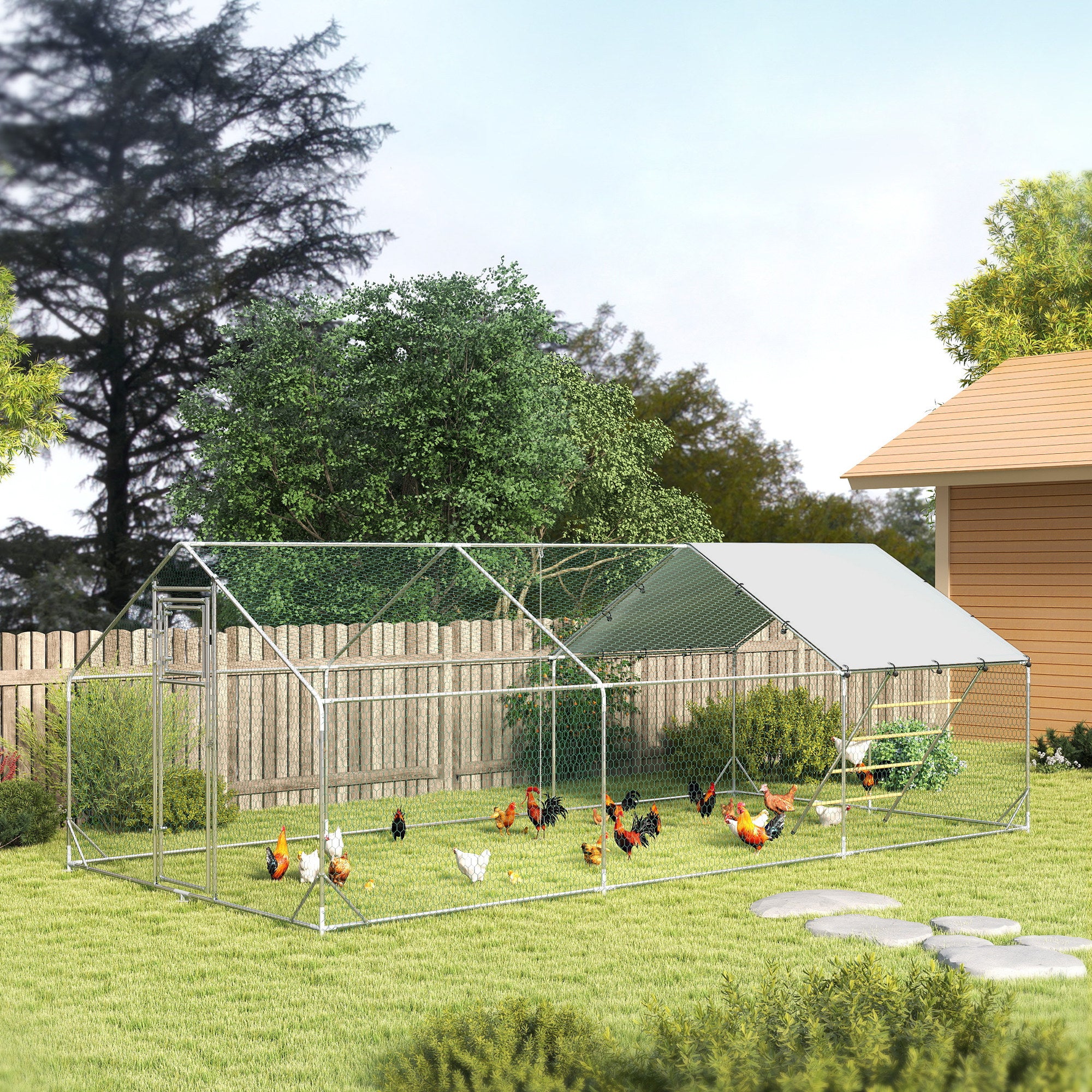 PawHut Chicken Run, Large Metal Chicken Coop w/ Waterproof & Anti-UV Cover, Feeding Door, Hanging Feeder, Perch, Walk-in Poultry Cage for Outdoor, Yard, Farm, for 18-24 Chickens, 9.8' x 19.7' x 6.4'