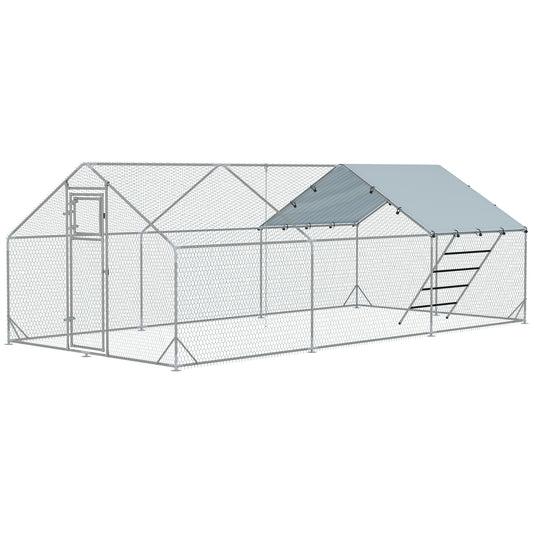 PawHut Chicken Run, Large Metal Chicken Coop w/ Waterproof & Anti-UV Cover, Feeding Door, Hanging Feeder, Perch, Walk-in Poultry Cage for Outdoor, Yard, Farm, for 18-24 Chickens, 9.8' x 19.7' x 6.4'