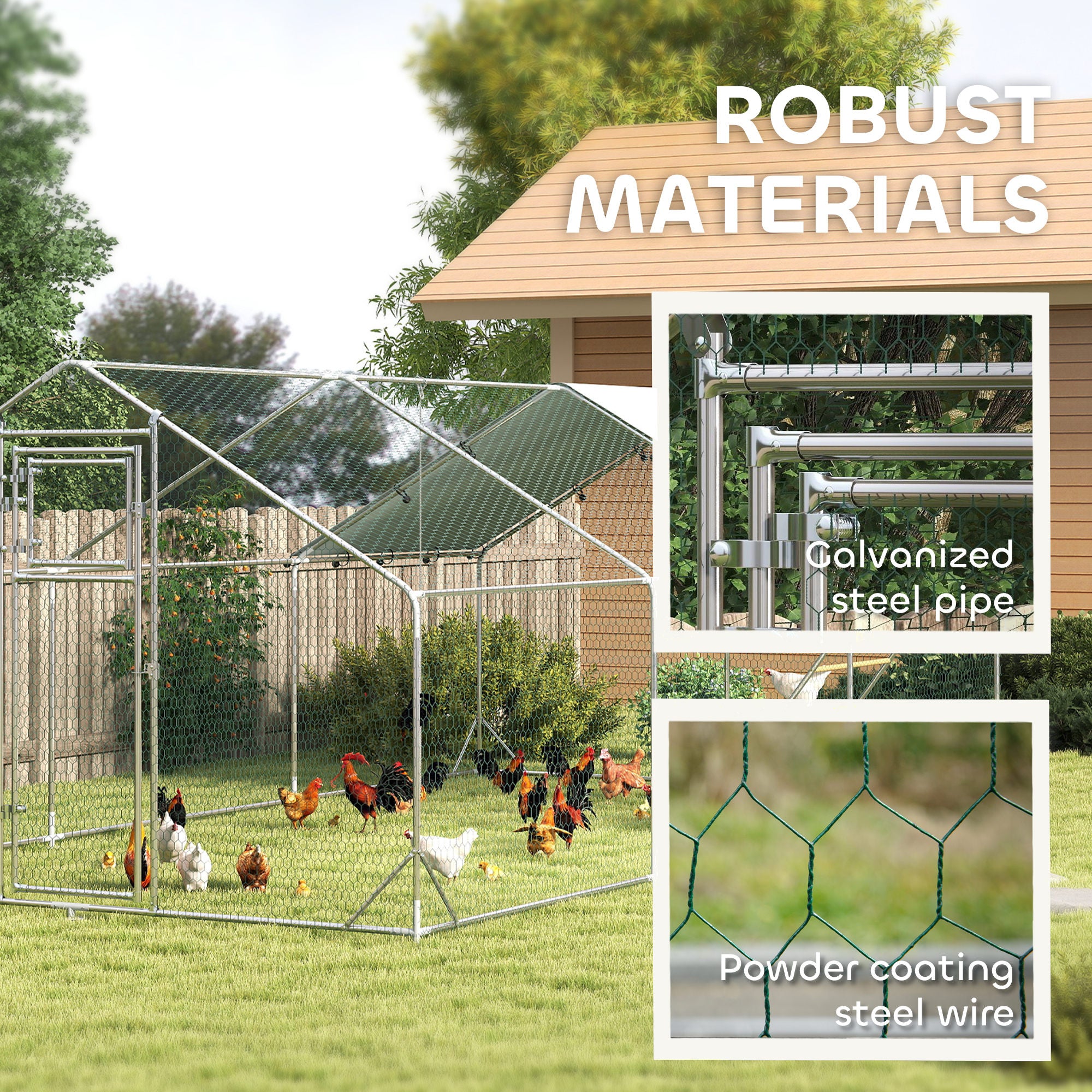 PawHut Chicken Run, Large Metal Chicken Coop w/ Waterproof & Anti-UV Cover, Feeding Door, Hanging Feeder, Perch, Walk-in Poultry Cage for Outdoor, Yard, Farm, for 18-24 Chickens, 9.8' x 19.7' x 6.4'