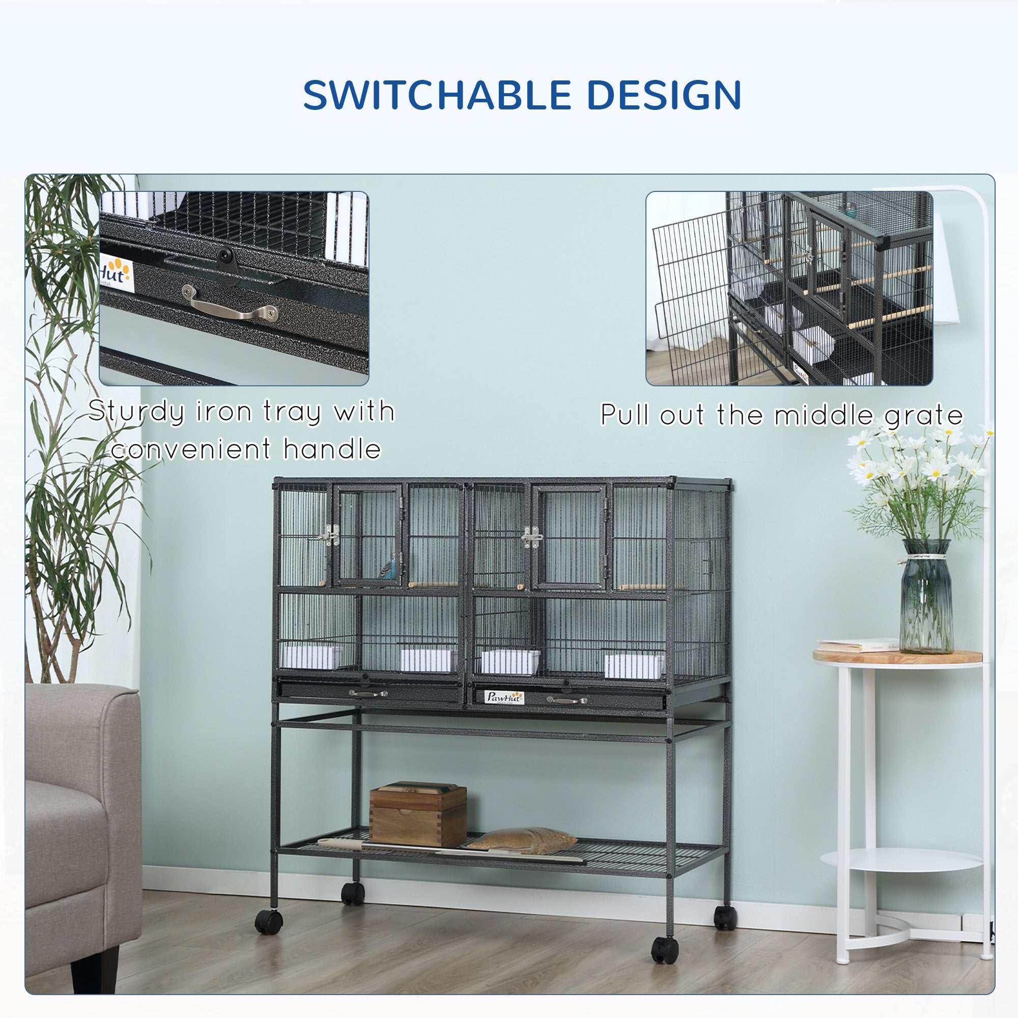 40"H Divided Breeder Bird Cage with Rolling Stand Removable Metal Tray, Storage Shelf, Wood Perch, and Food Container, Dark Grey