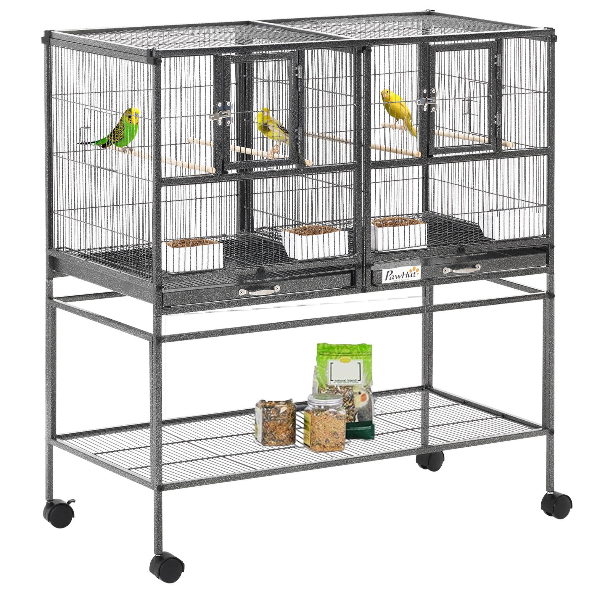 40"H Divided Breeder Bird Cage with Rolling Stand Removable Metal Tray, Storage Shelf, Wood Perch, and Food Container, Dark Grey