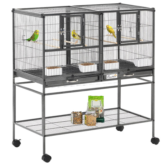 40"H Divided Breeder Bird Cage with Rolling Stand Removable Metal Tray, Storage Shelf, Wood Perch, and Food Container, Dark Grey