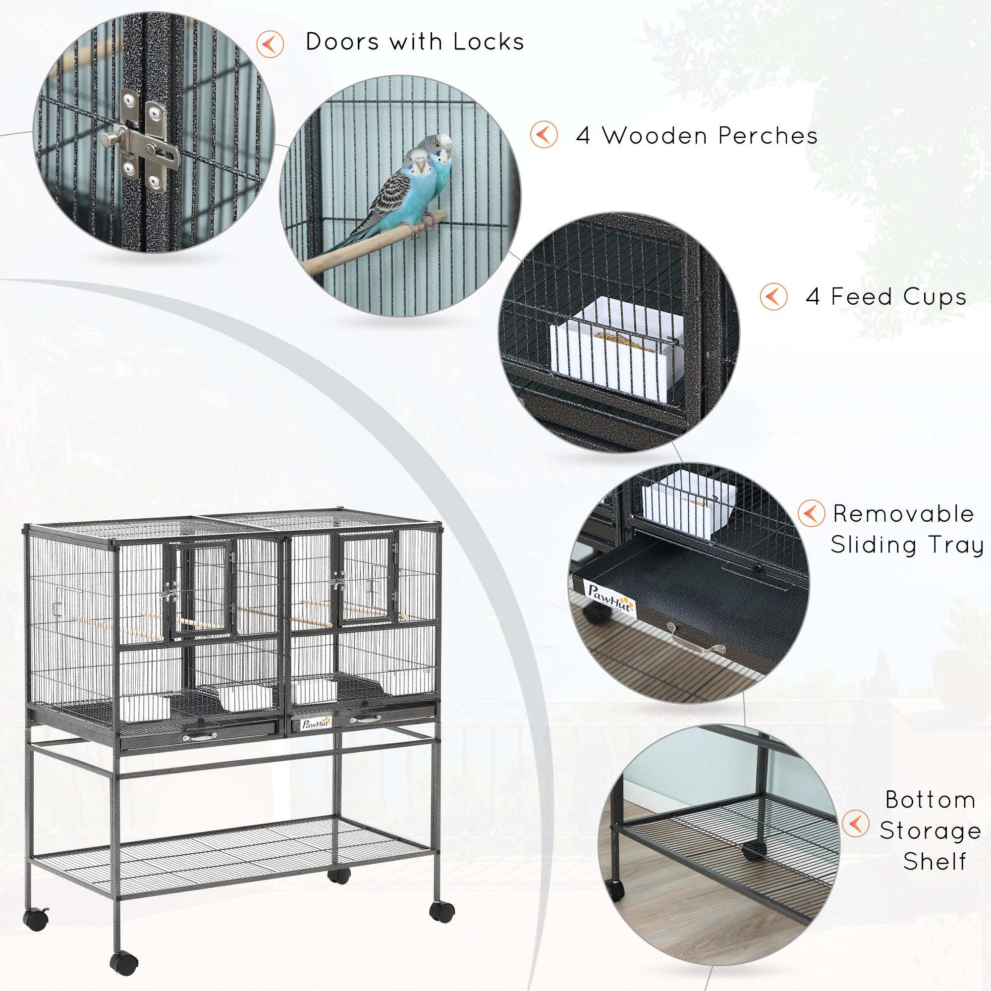 40"H Divided Breeder Bird Cage with Rolling Stand Removable Metal Tray, Storage Shelf, Wood Perch, and Food Container, Dark Grey