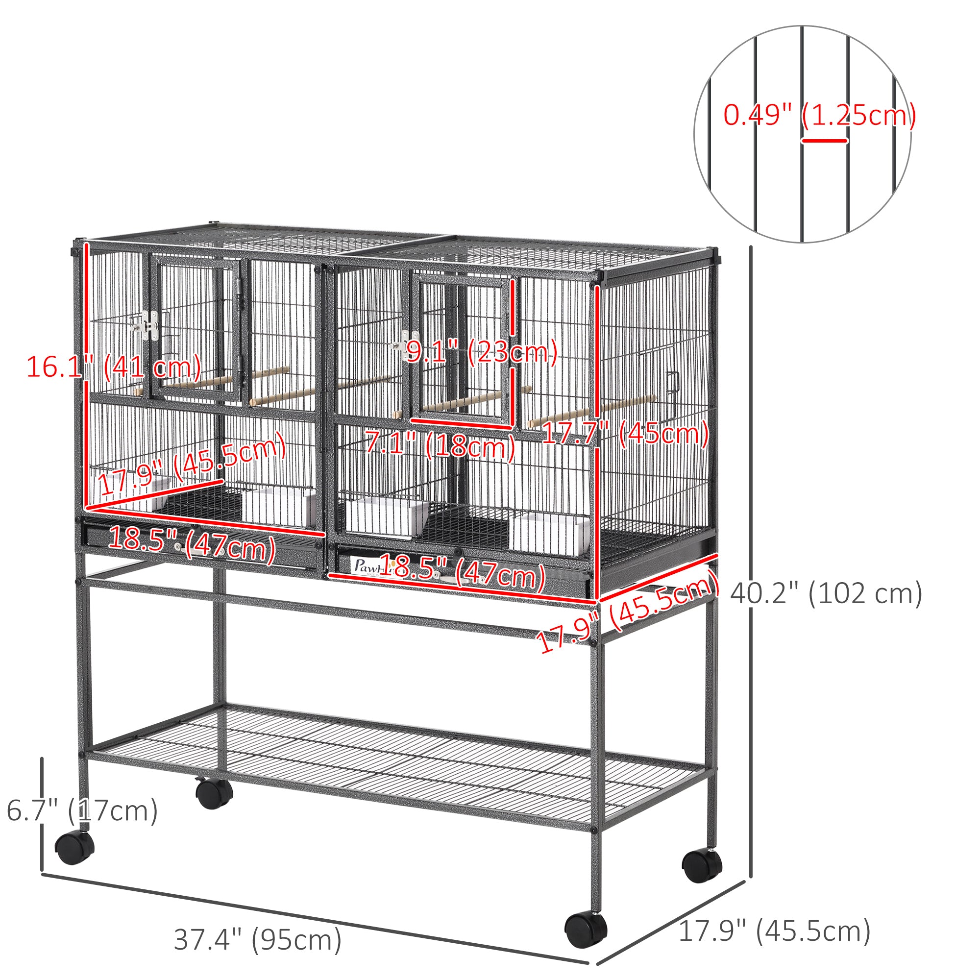 40"H Divided Breeder Bird Cage with Rolling Stand Removable Metal Tray, Storage Shelf, Wood Perch, and Food Container, Dark Grey