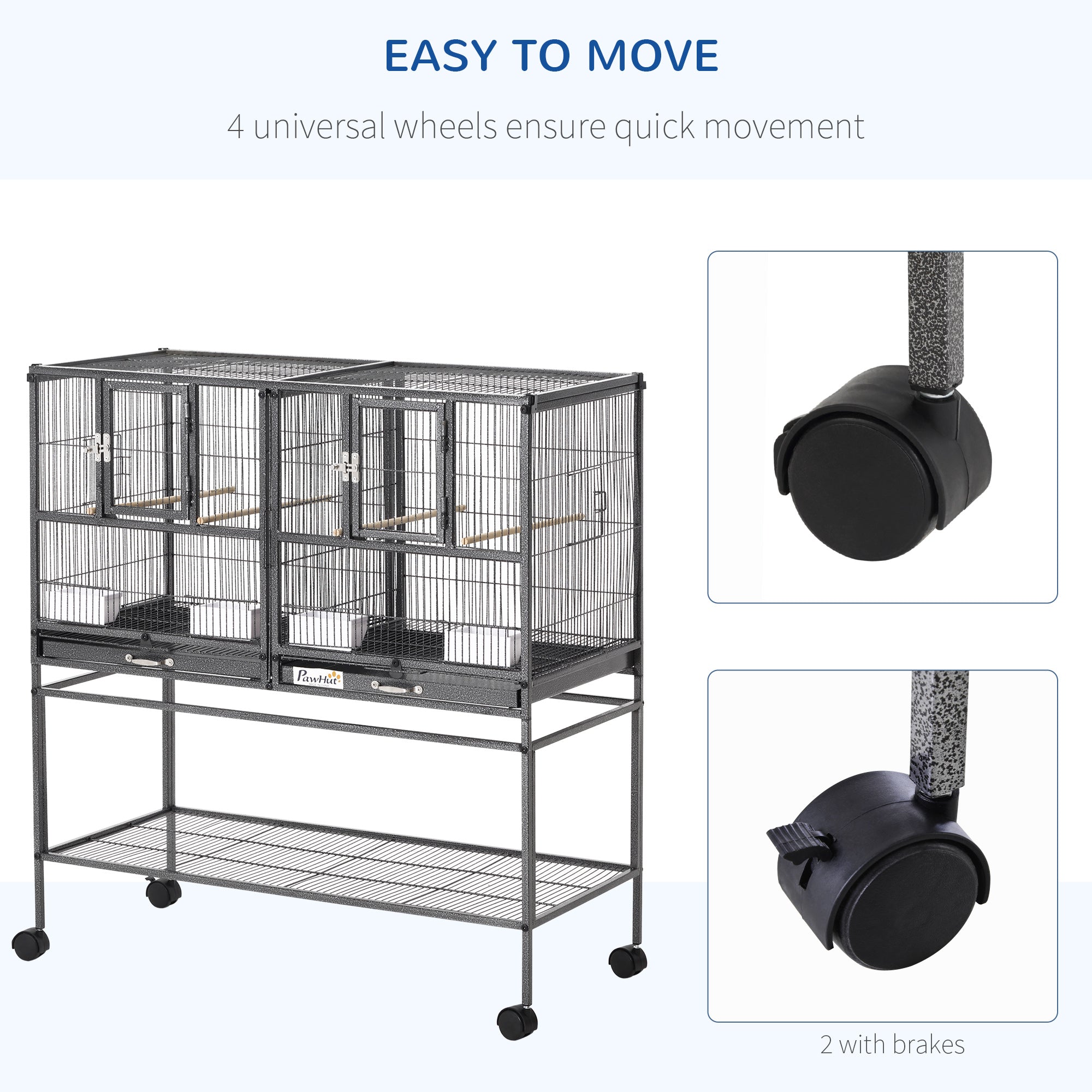 40"H Divided Breeder Bird Cage with Rolling Stand Removable Metal Tray, Storage Shelf, Wood Perch, and Food Container, Dark Grey