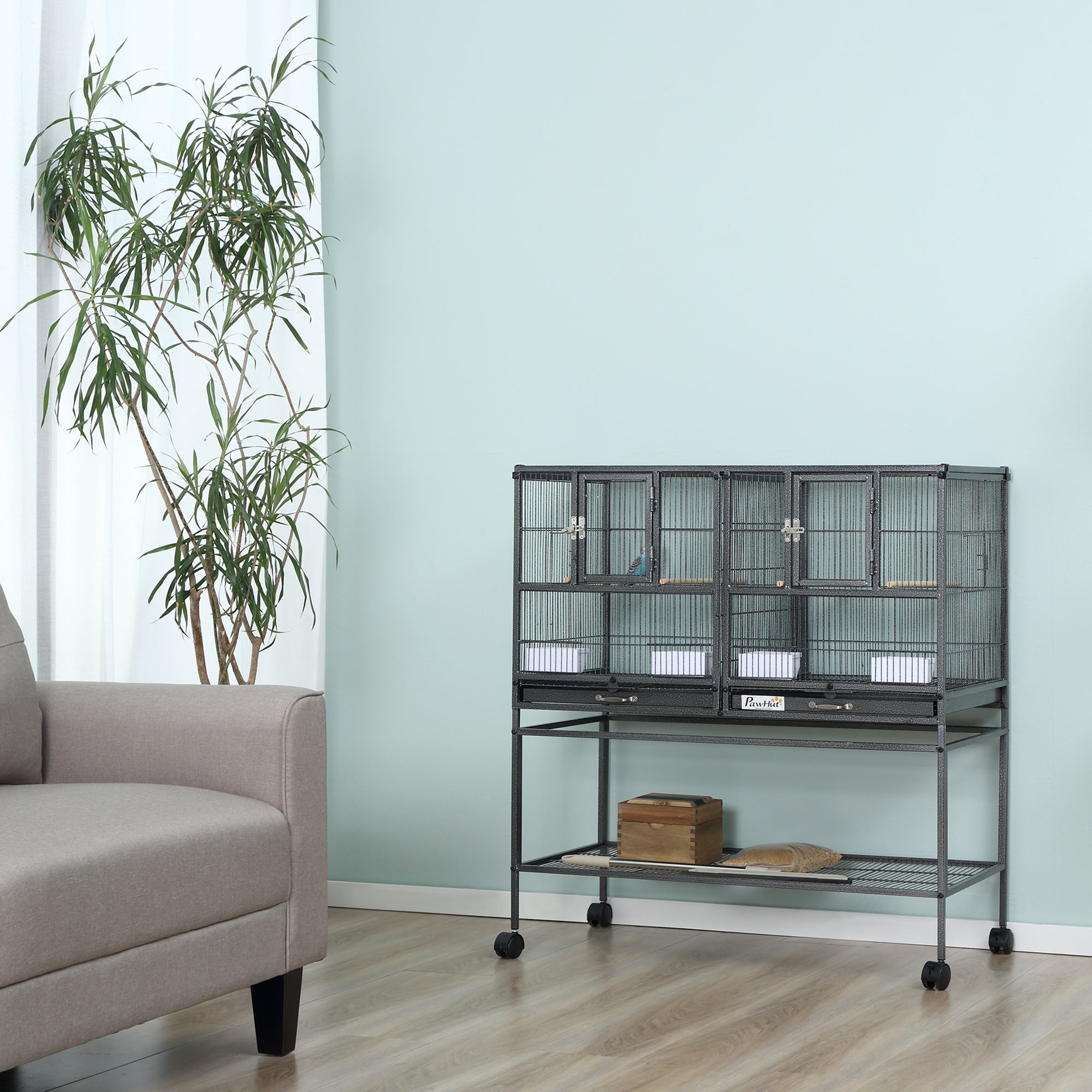 40"H Divided Breeder Bird Cage with Rolling Stand Removable Metal Tray, Storage Shelf, Wood Perch, and Food Container, Dark Grey