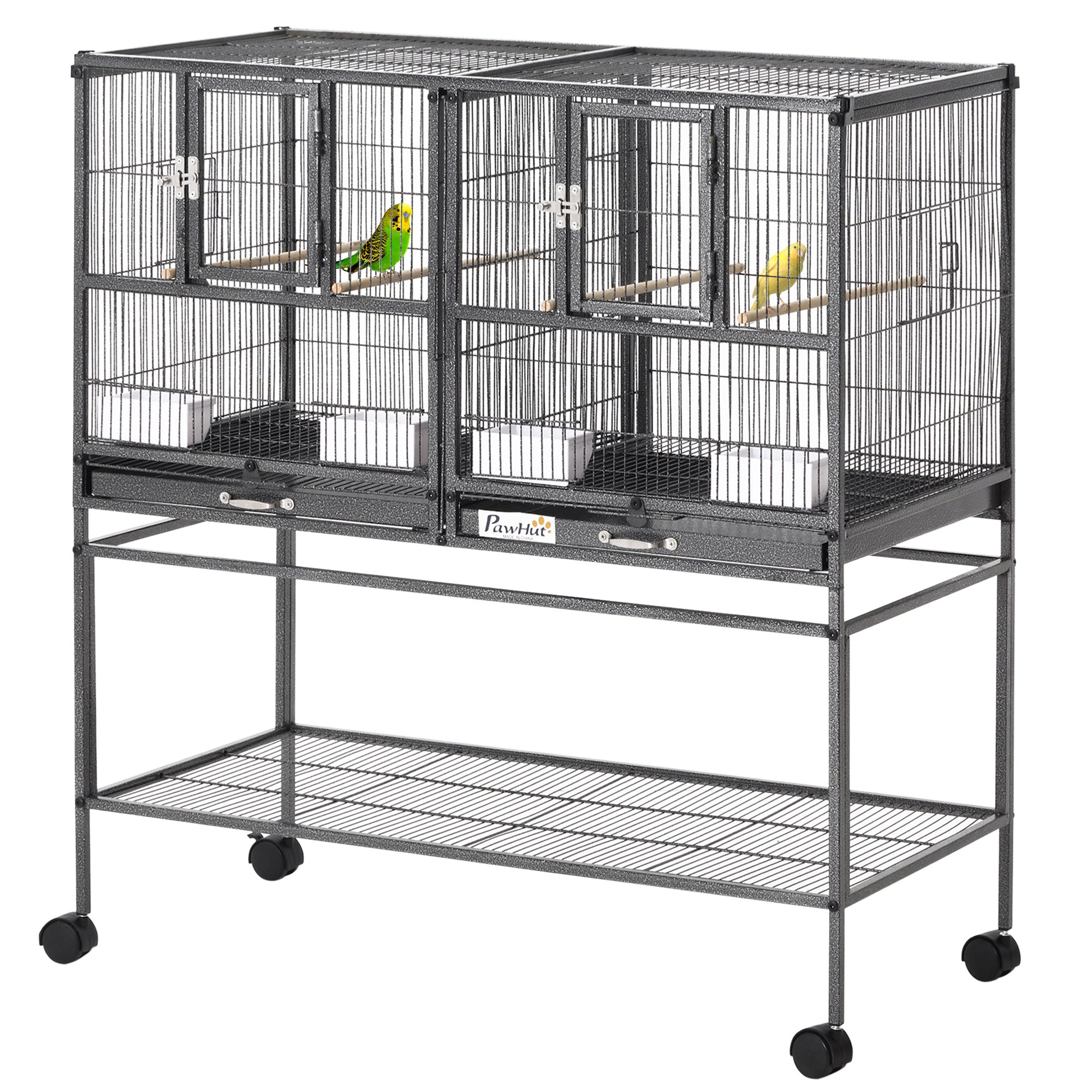 40"H Divided Breeder Bird Cage with Rolling Stand Removable Metal Tray, Storage Shelf, Wood Perch, and Food Container, Dark Grey