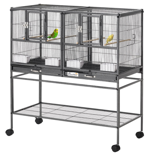 40"H Divided Breeder Bird Cage with Rolling Stand Removable Metal Tray, Storage Shelf, Wood Perch, and Food Container, Dark Grey
