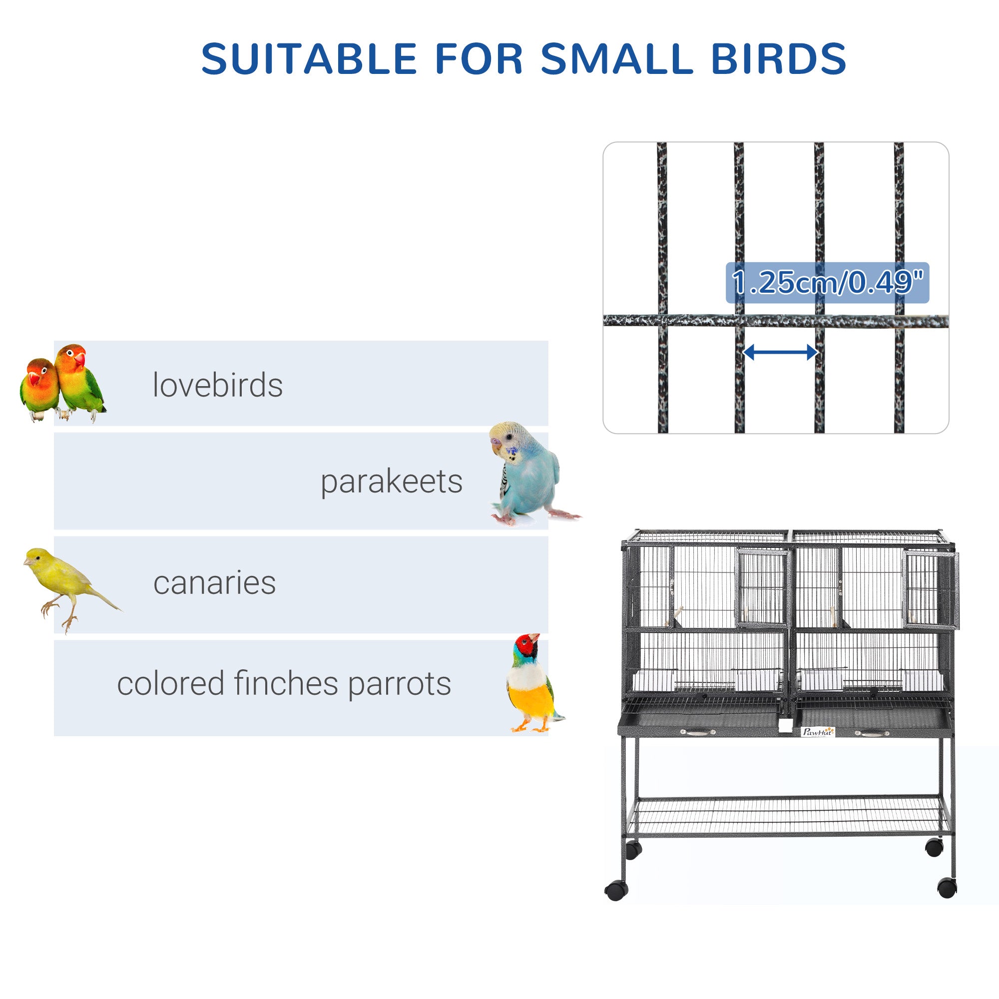 40"H Divided Breeder Bird Cage with Rolling Stand Removable Metal Tray, Storage Shelf, Wood Perch, and Food Container, Dark Grey