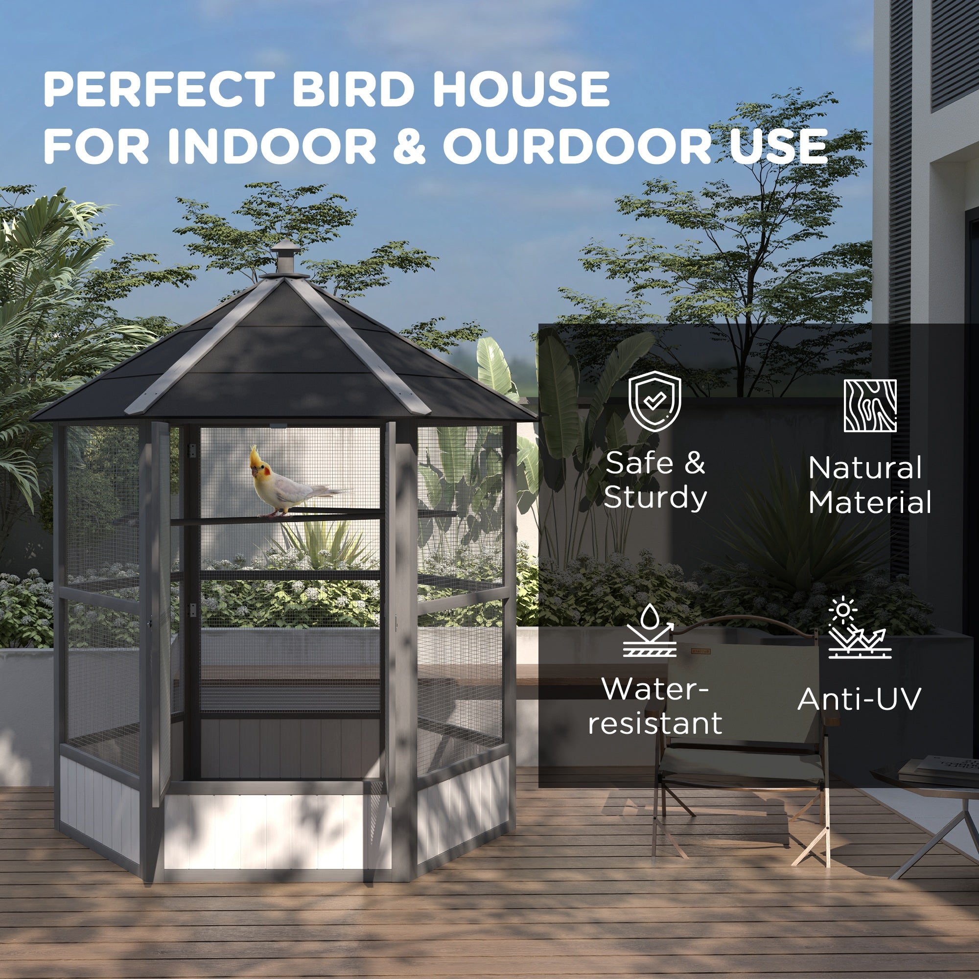 PawHut 69" Large Wooden Hexagonal Outdoor Aviary Flight Bird Cage With Covered Roof, Light Gray