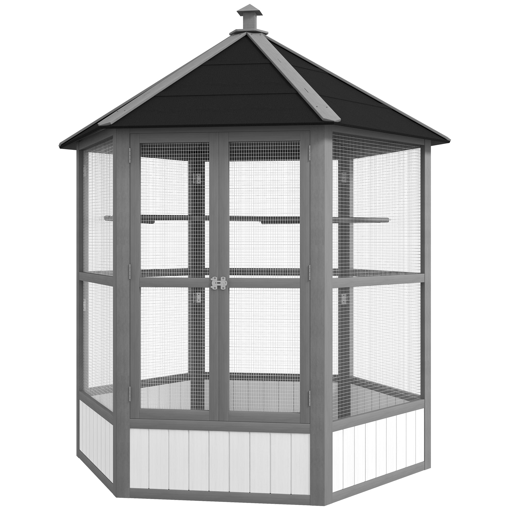 PawHut 69" Large Wooden Hexagonal Outdoor Aviary Flight Bird Cage With Covered Roof, Light Gray