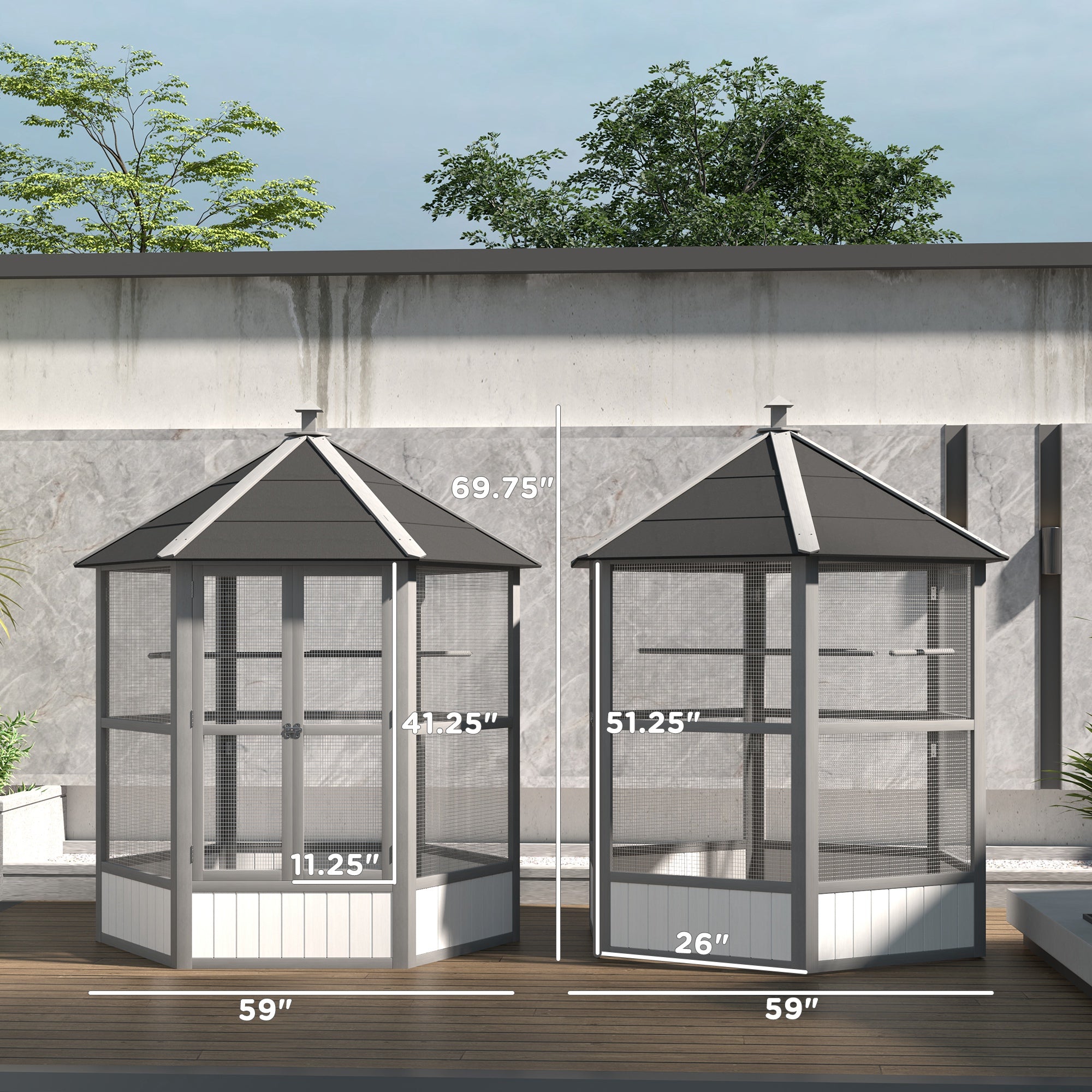 PawHut 69" Large Wooden Hexagonal Outdoor Aviary Flight Bird Cage With Covered Roof, Light Gray