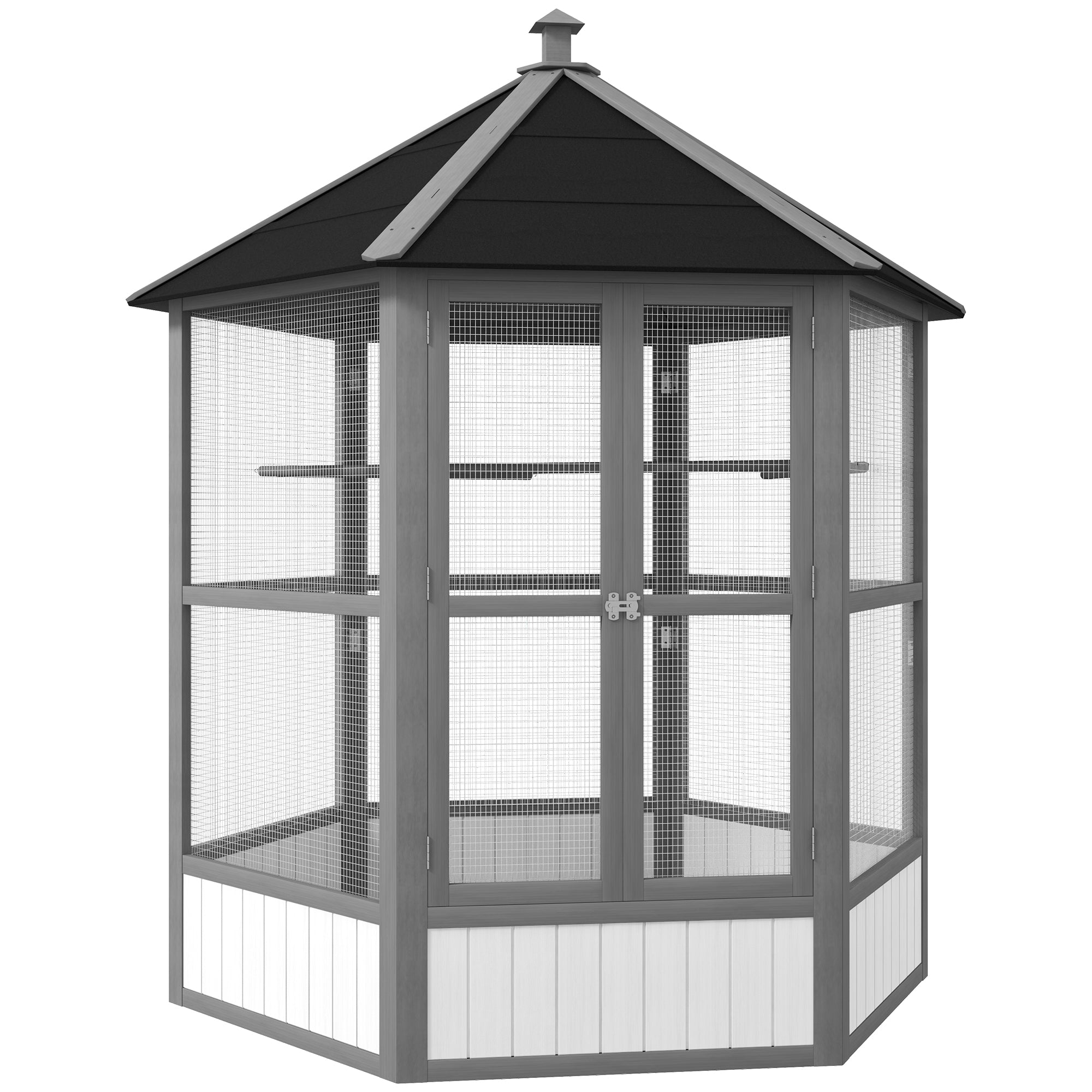 PawHut 69" Large Wooden Hexagonal Outdoor Aviary Flight Bird Cage With Covered Roof, Light Gray