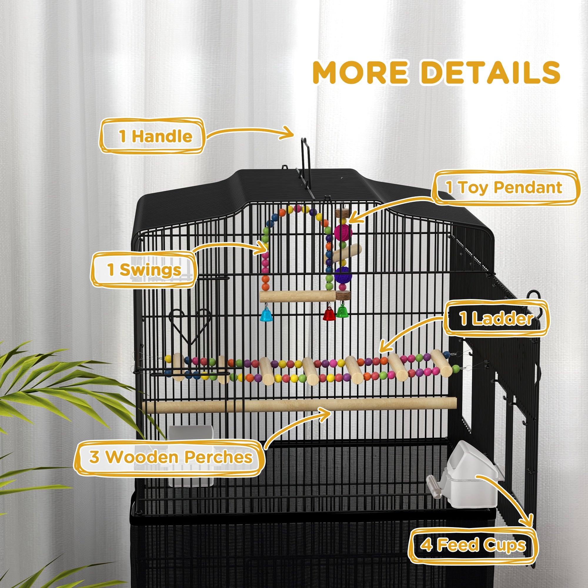 36" Bird Cage for Finches, Canaries Budgies, Parrot Cage with Accessories, Handle, Mesh Cover, Tray, Black