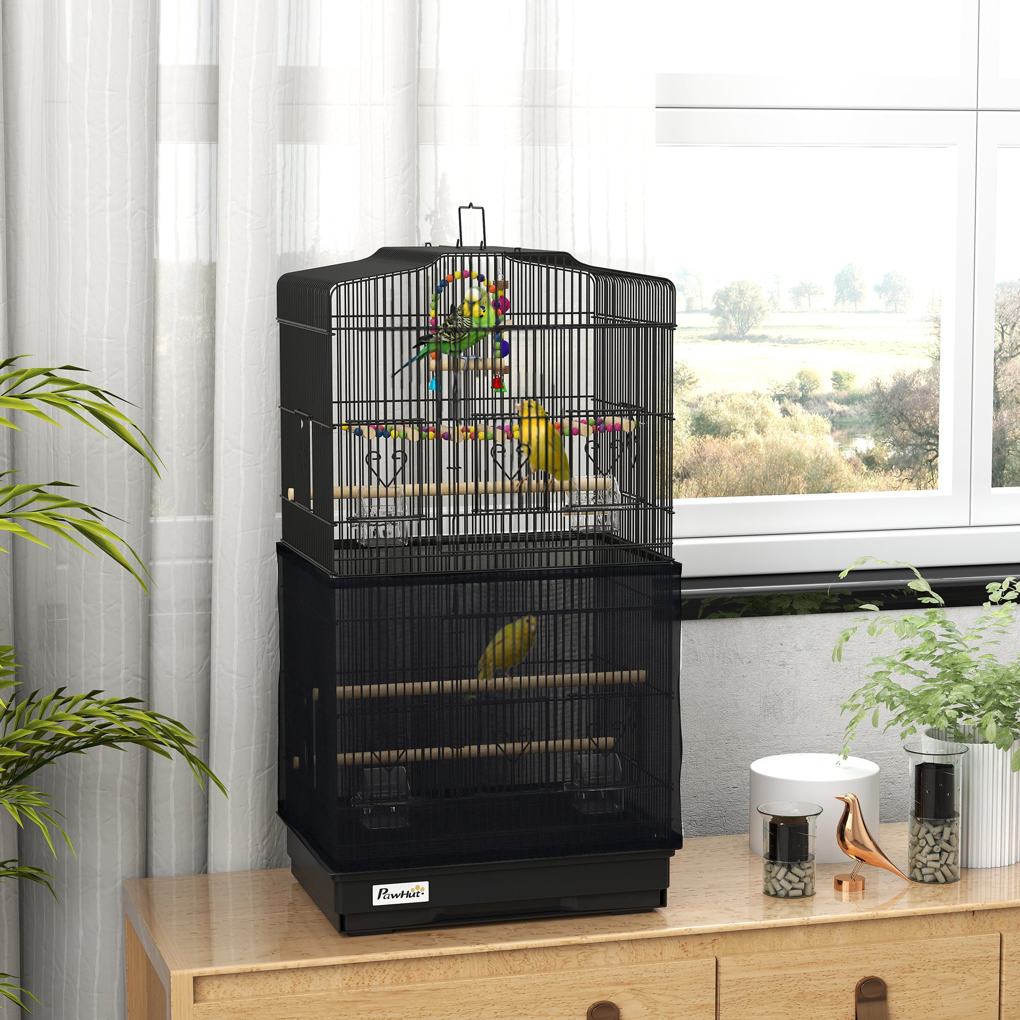 36" Bird Cage for Finches, Canaries Budgies, Parrot Cage with Accessories, Handle, Mesh Cover, Tray, Black