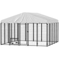 Load image into Gallery viewer, PawHut 9.8' x 9.8' x 6.8' Outdoor Dog Kennel, Welded Wire Heavy Duty Dog Run with 360° Rotating & 4 Level Adjustable Bowls, Dog Kennel Outside with Waterproof & UV Resistant Cover, for S&M&L Dogs