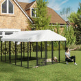 Load image into Gallery viewer, PawHut 9.8' x 9.8' x 6.8' Outdoor Dog Kennel, Welded Wire Heavy Duty Dog Run with 360° Rotating & 4 Level Adjustable Bowls, Dog Kennel Outside with Waterproof & UV Resistant Cover, for S&M&L Dogs