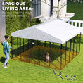 Load image into Gallery viewer, PawHut 9.8' x 9.8' x 6.8' Outdoor Dog Kennel, Welded Wire Heavy Duty Dog Run with 360° Rotating & 4 Level Adjustable Bowls, Dog Kennel Outside with Waterproof & UV Resistant Cover, for S&M&L Dogs