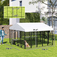 Load image into Gallery viewer, PawHut 9.8' x 9.8' x 6.8' Outdoor Dog Kennel, Welded Wire Heavy Duty Dog Run with 360° Rotating & 4 Level Adjustable Bowls, Dog Kennel Outside with Waterproof & UV Resistant Cover, for S&M&L Dogs