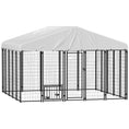 Load image into Gallery viewer, PawHut 9.8' x 9.8' x 6.8' Outdoor Dog Kennel, Welded Wire Heavy Duty Dog Run with 360° Rotating & 4 Level Adjustable Bowls, Dog Kennel Outside with Waterproof & UV Resistant Cover, for S&M&L Dogs