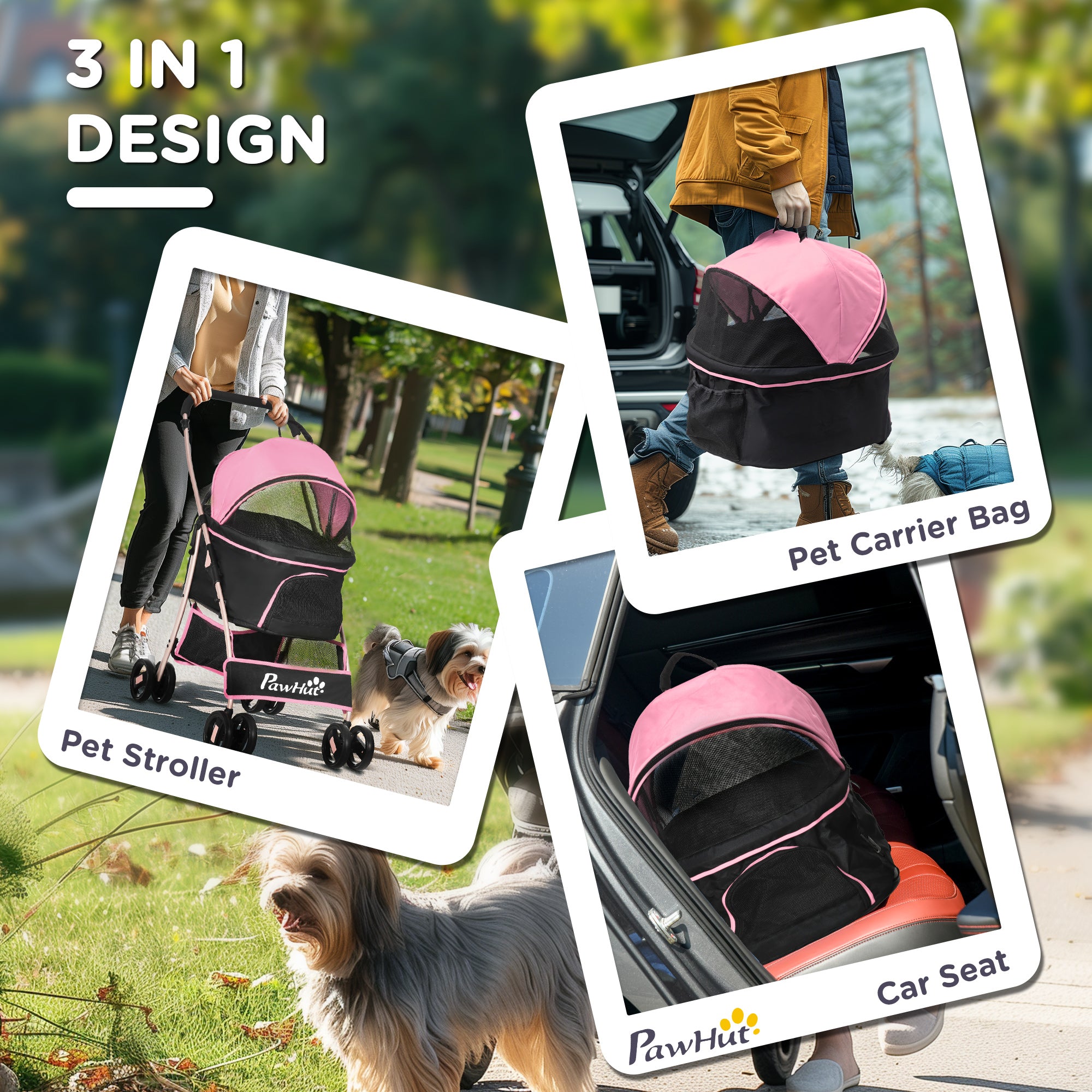 4 Wheels Pet Stroller, 3 in 1 Dog Cat Travel Folding Carrier, for Small Dogs, Detachable, w/ Brake, Canopy, Basket, Storage Bag - Pink