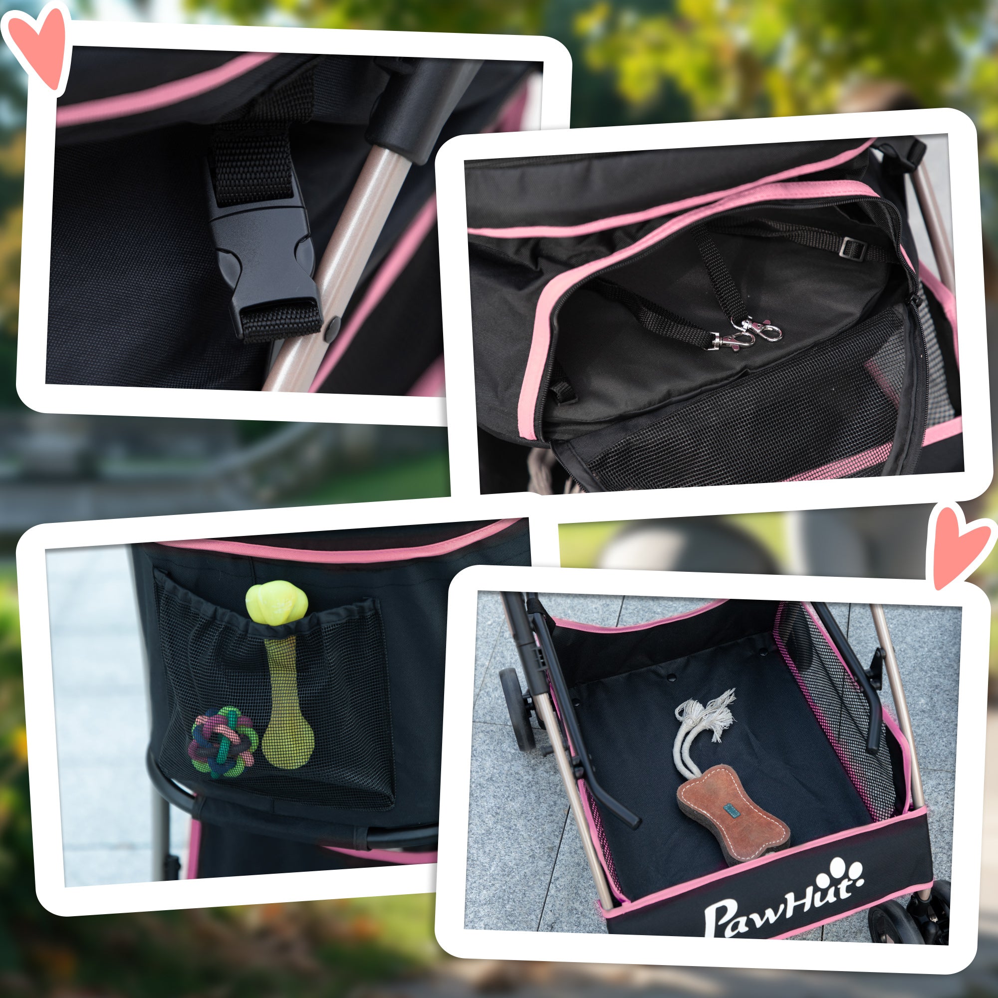 4 Wheels Pet Stroller, 3 in 1 Dog Cat Travel Folding Carrier, for Small Dogs, Detachable, w/ Brake, Canopy, Basket, Storage Bag - Pink