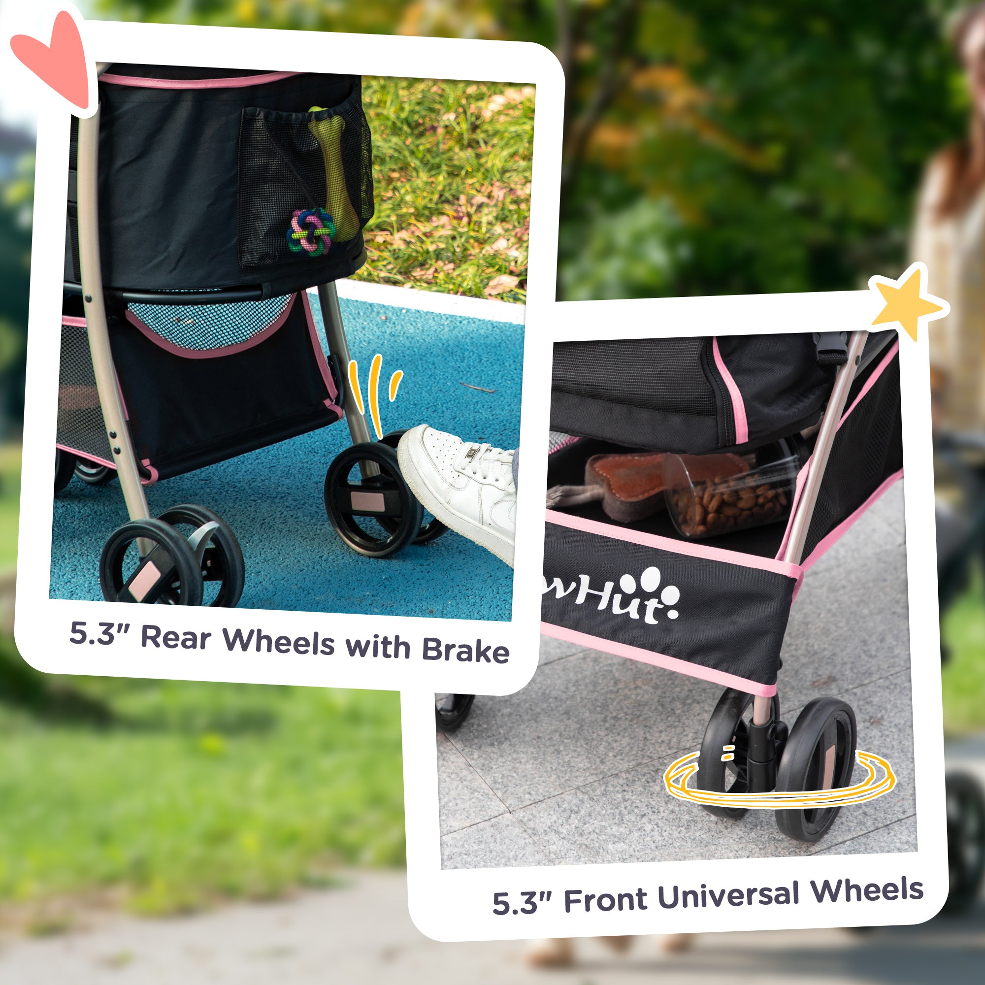 4 Wheels Pet Stroller, 3 in 1 Dog Cat Travel Folding Carrier, for Small Dogs, Detachable, w/ Brake, Canopy, Basket, Storage Bag - Pink
