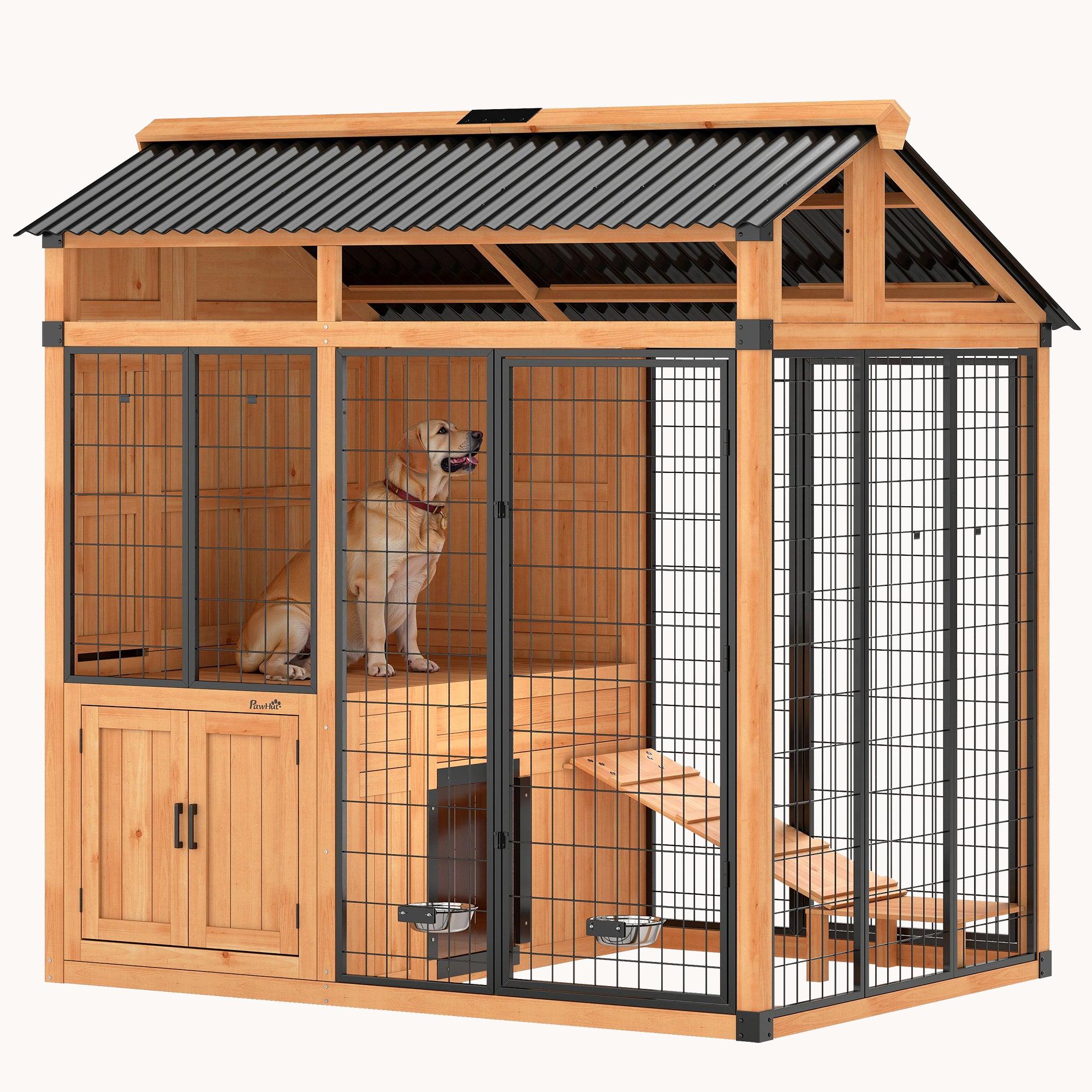 PawHut 7' x 5' Dog House with Deck & Storage - Weatherproof Design
