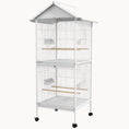 Load image into Gallery viewer, Wrought Metal Bird Cage Feeder with Rolling Stand Perches Food Containers Doors Wheels 67" H, White