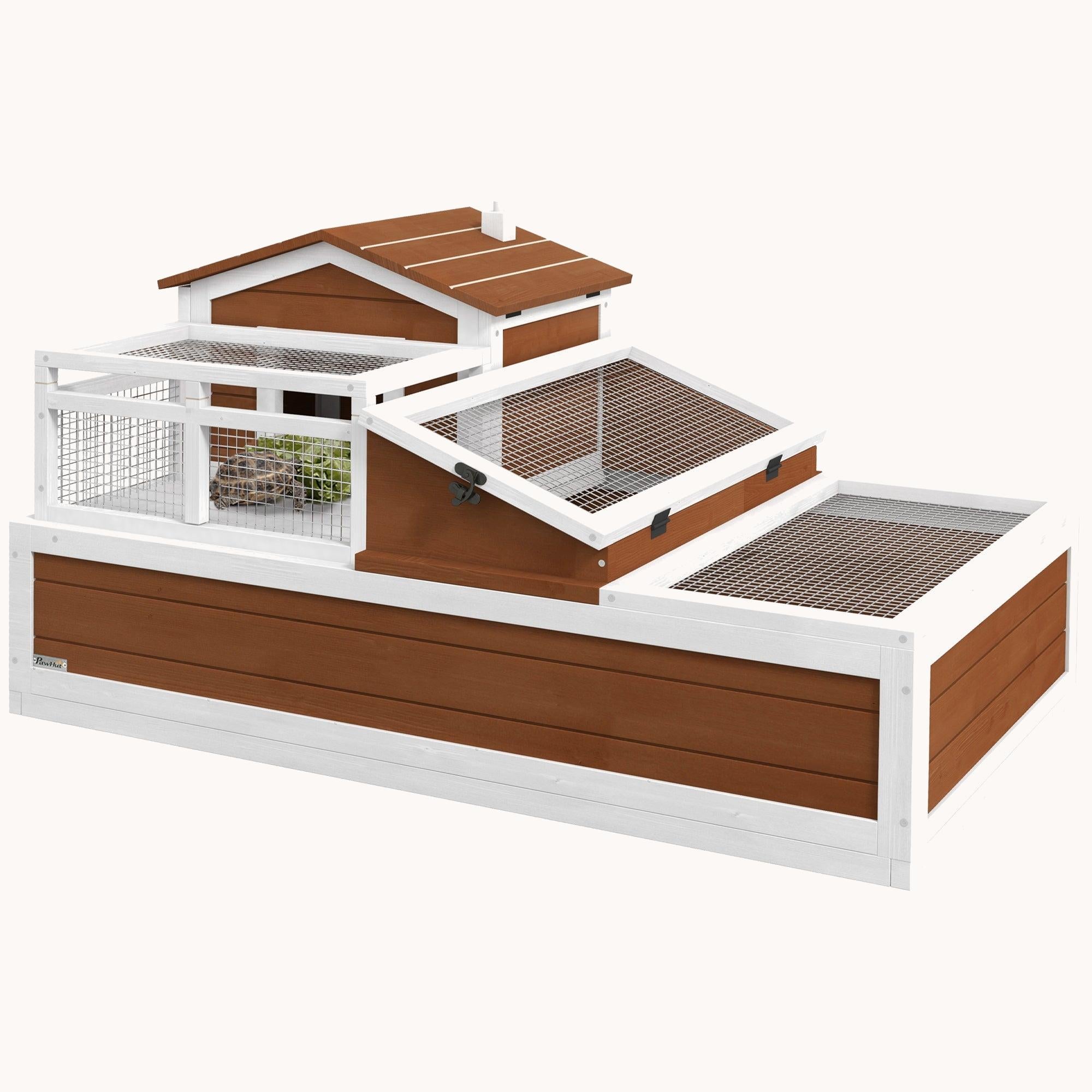 PawHut 3-Room 2-Story Wooden Tortoise House with Balcony