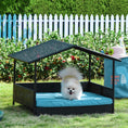 Load image into Gallery viewer, PawHut Wicker Dog House Outdoor with Canopy, Rattan Dog Bed with Water-resistant Cushion, Raised Dog Bed for Small, Medium Dogs up to 66 lbs, 19.75" in Length, Brown Wicker, Blue Cushion
