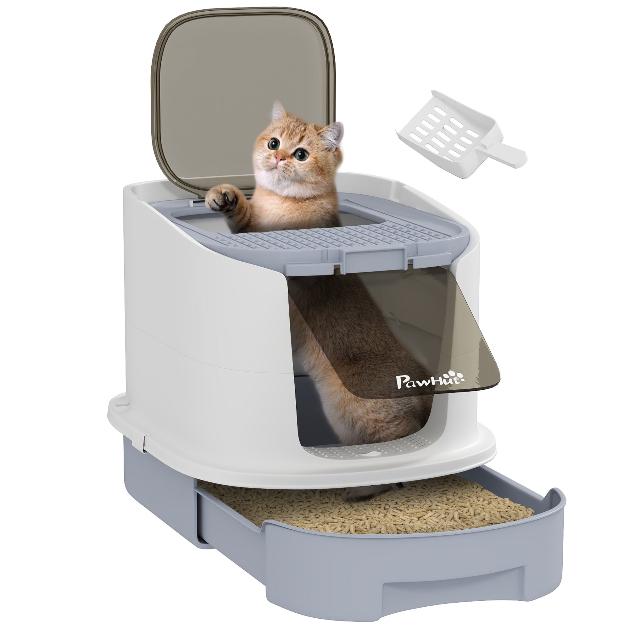 Covered Cat Litter Box with Lid, Drawer, Scoop, Top Entry, Deodorizing Bags, Odor Control, Easy to Clean